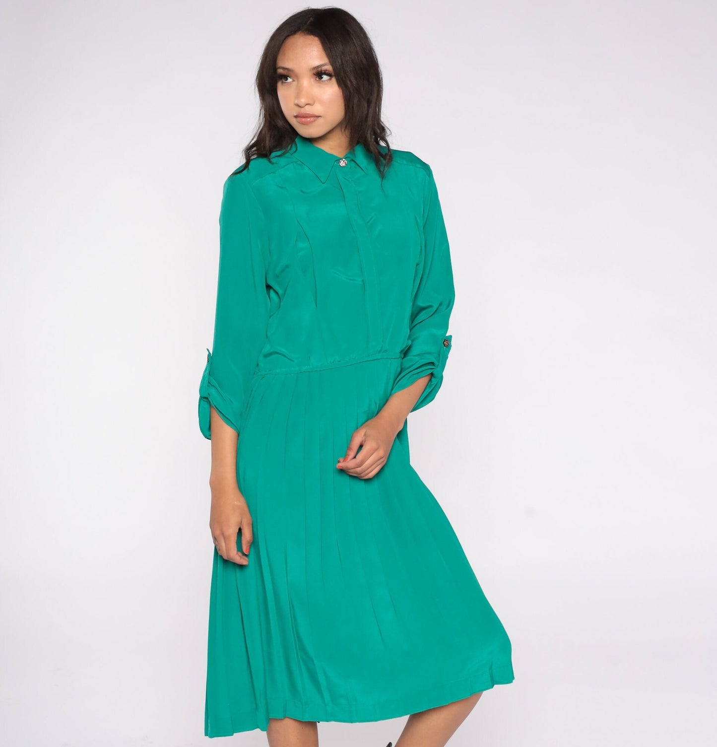 80s Green Satin Shirtdress Pleated High Waist Button-Up Midi Large