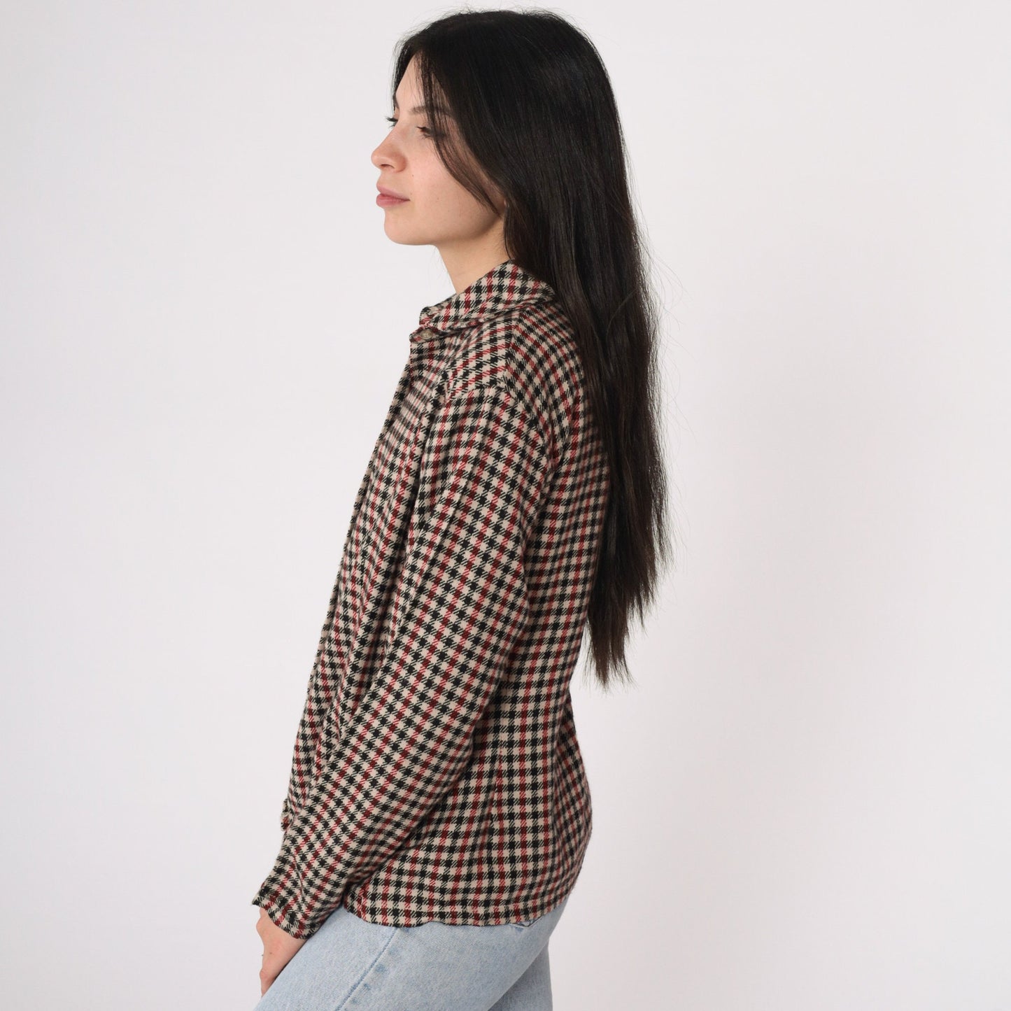 Givenchy Y2K Houndstooth Button-Up Blouse Red Black Cream Cotton Small S