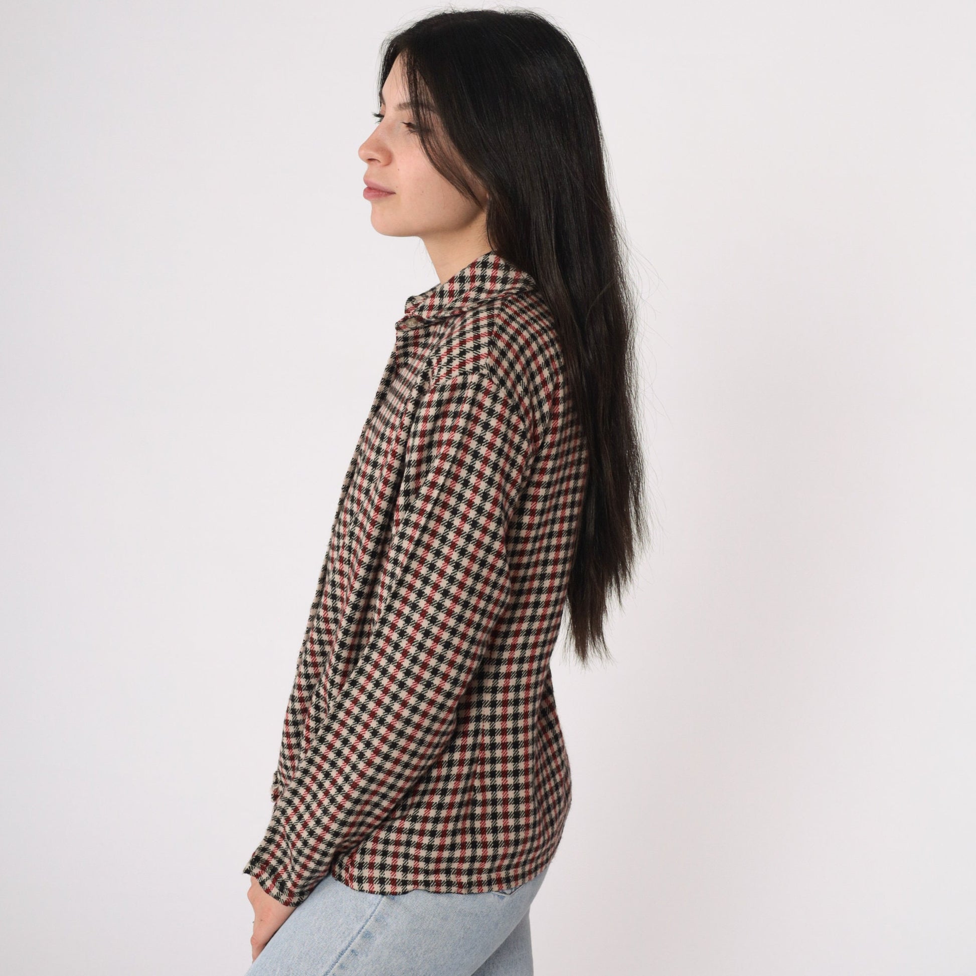 Givenchy Y2K Houndstooth Button-Up Blouse Red Black Cream Cotton Small S