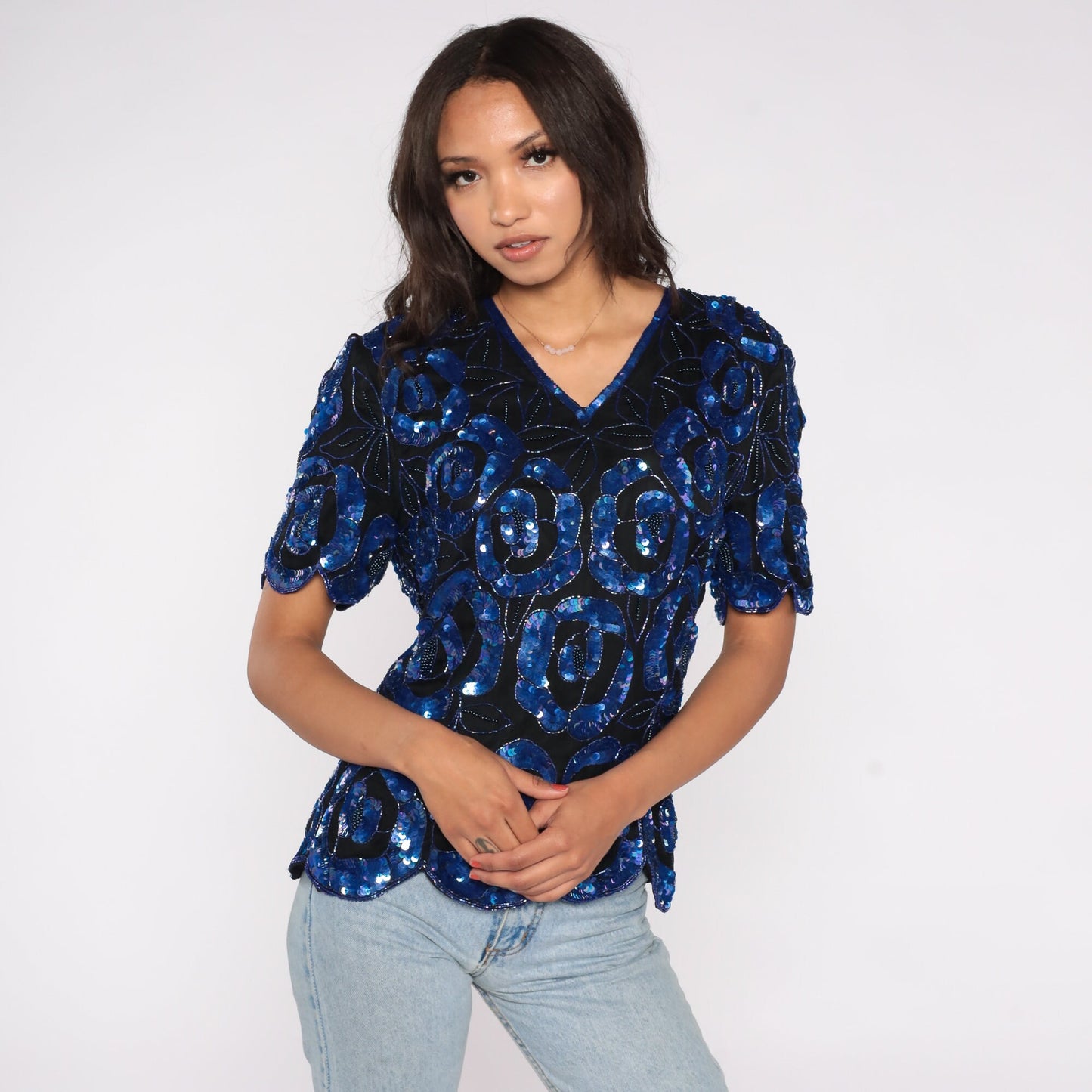 90s Black Silk Sequin Blouse Floral Beaded Short Sleeve Medium M