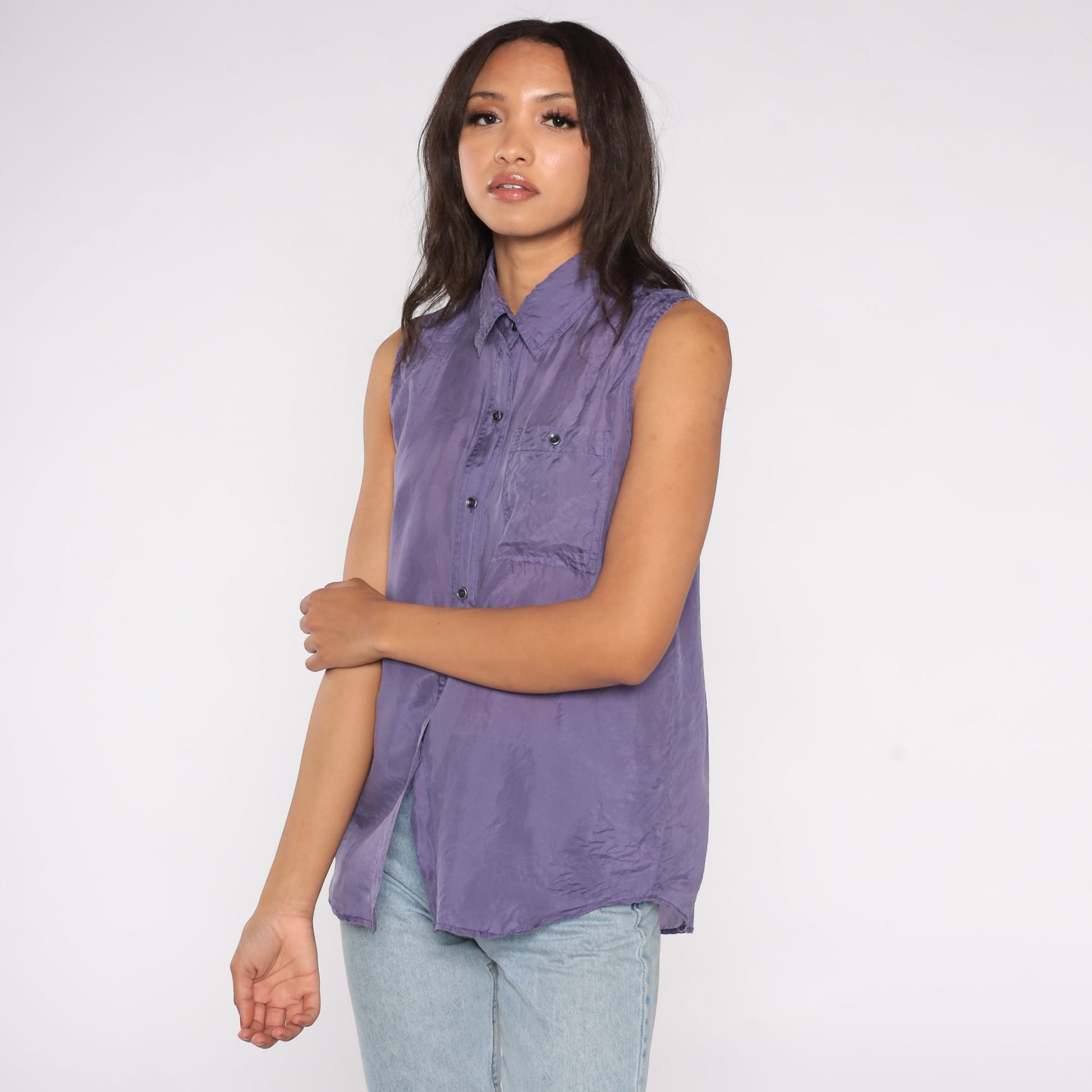 90s Jonathan Martin Purple Silk Sleeveless Button-Up Blouse Medium