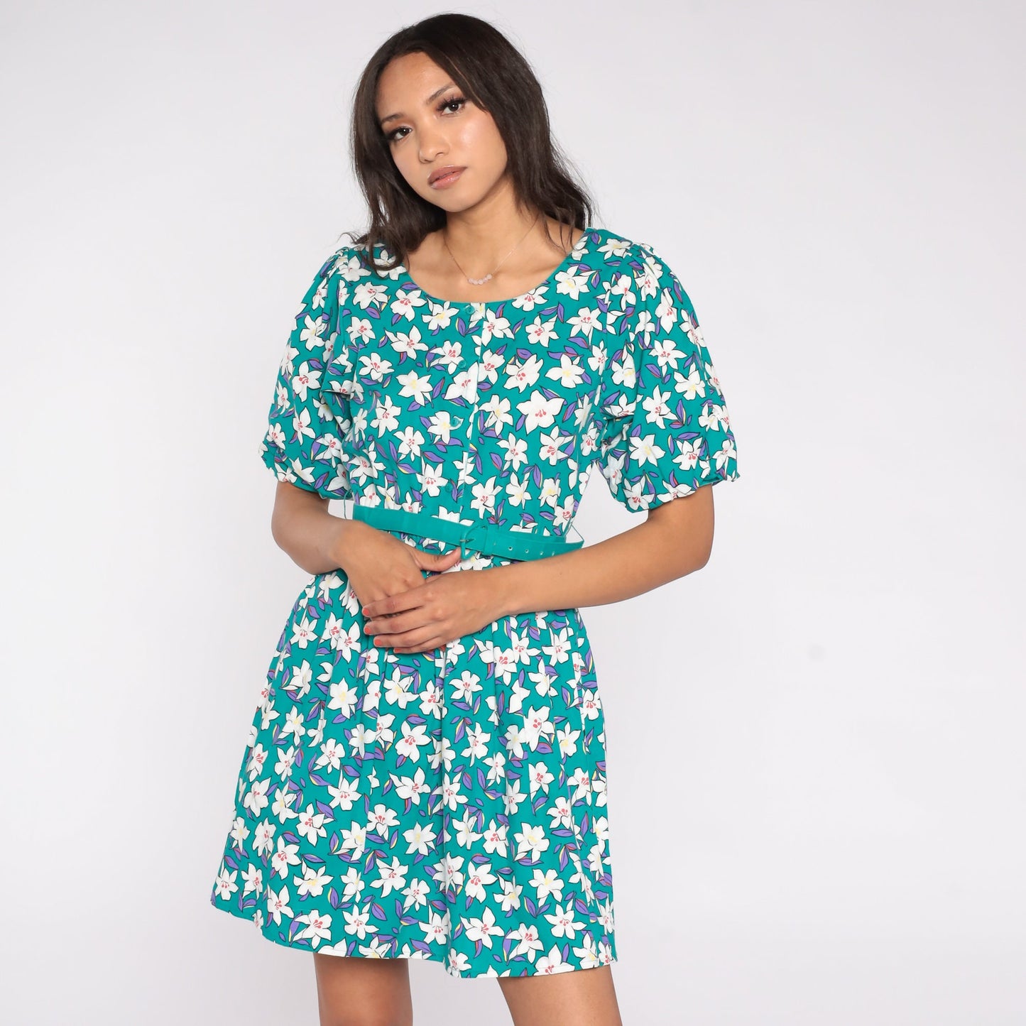 80s Petite by Willi Floral Mini Dress Teal Puff Sleeve Button-Up Small