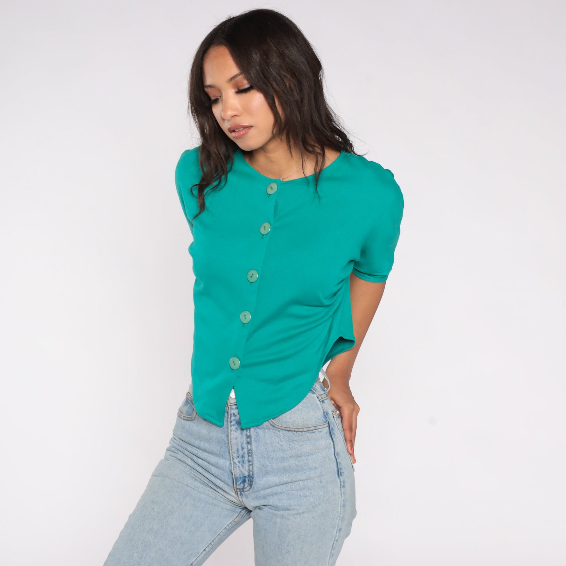 80s Teal Button-Up Crop Top Blouse Short Sleeve High Side Slit Medium Large