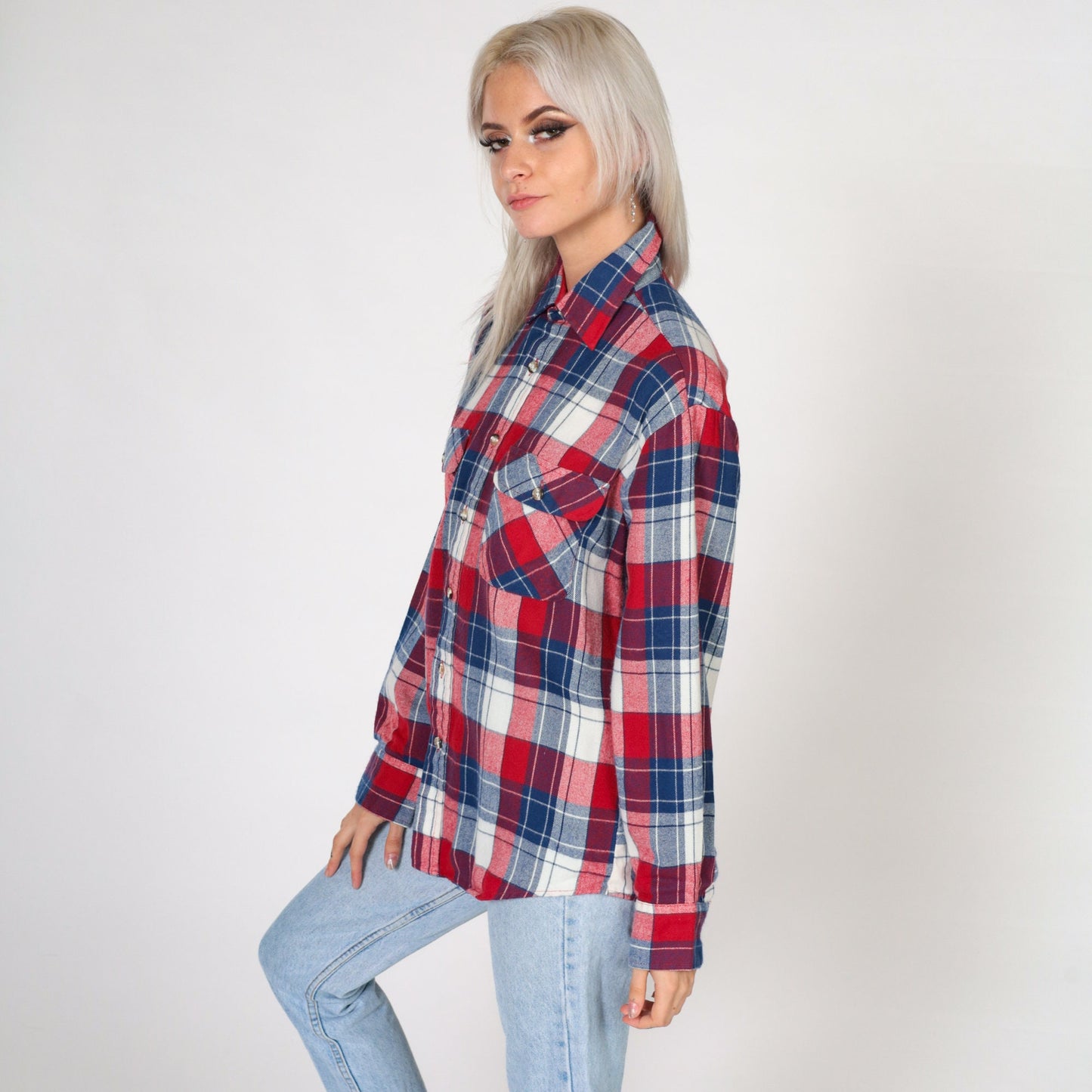 80s High Sierra Plaid Button-Up Shirt Red White Blue Flannel Small