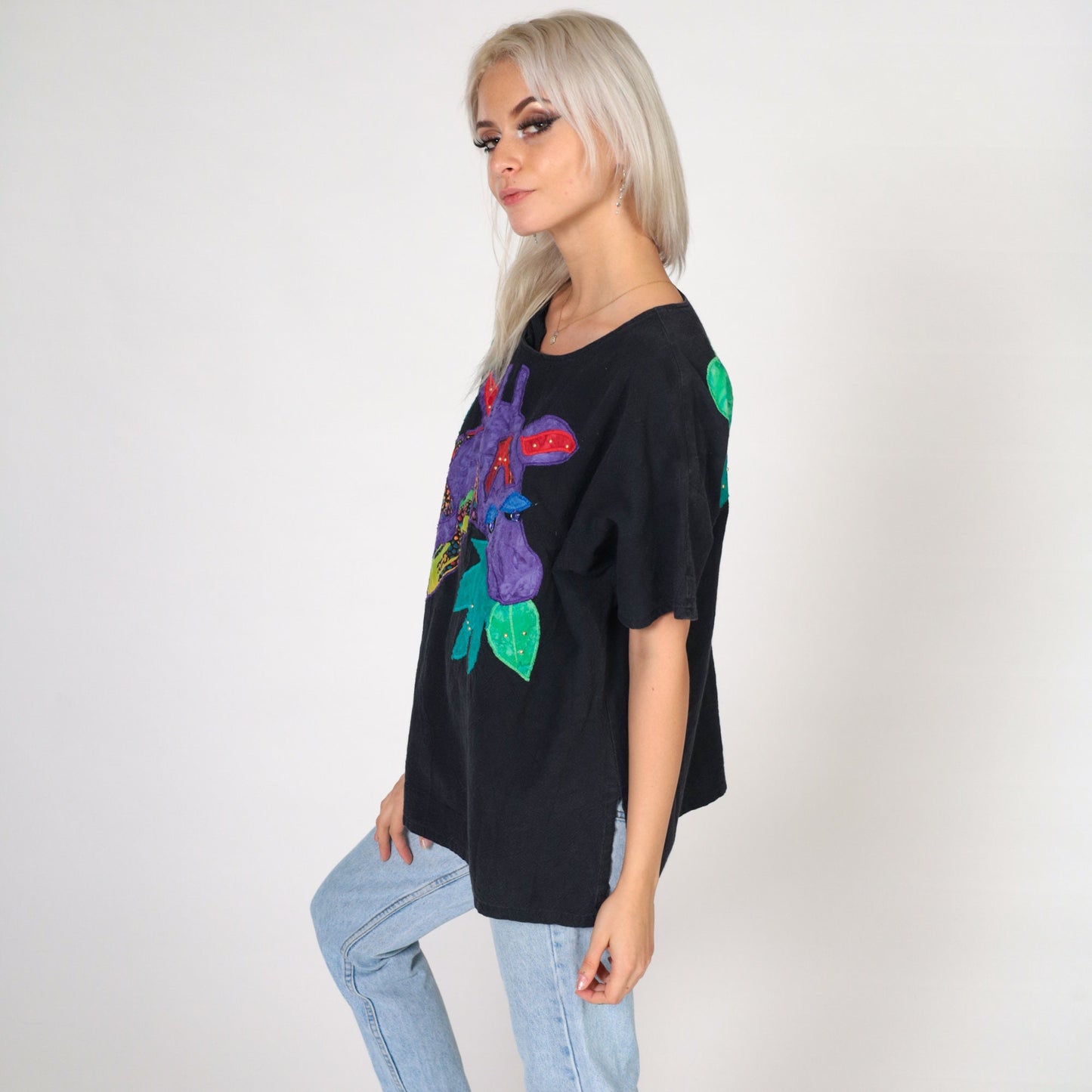 90s Alfredo's Wife Giraffe Rhinestone Beaded Blouse Cotton Short Sleeve Large L