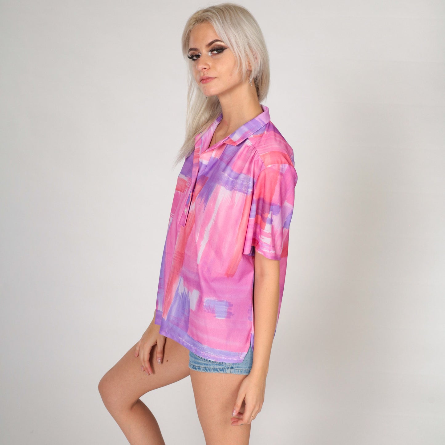 70s Brushstroke Print Collared Blouse Pink Purple Half Button V Neck Extra Large