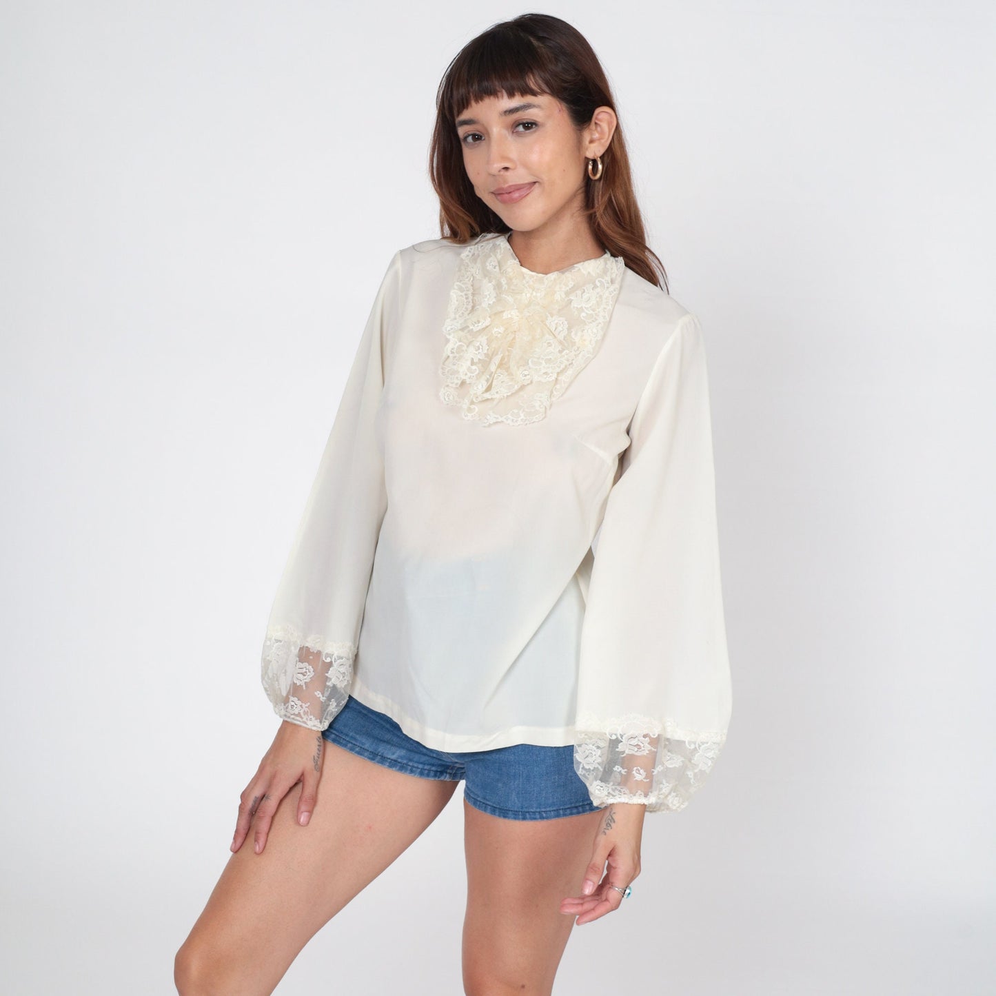 70s Off-White Lace Ruffle Tuxedo Blouse Button Back Long Sleeve Small