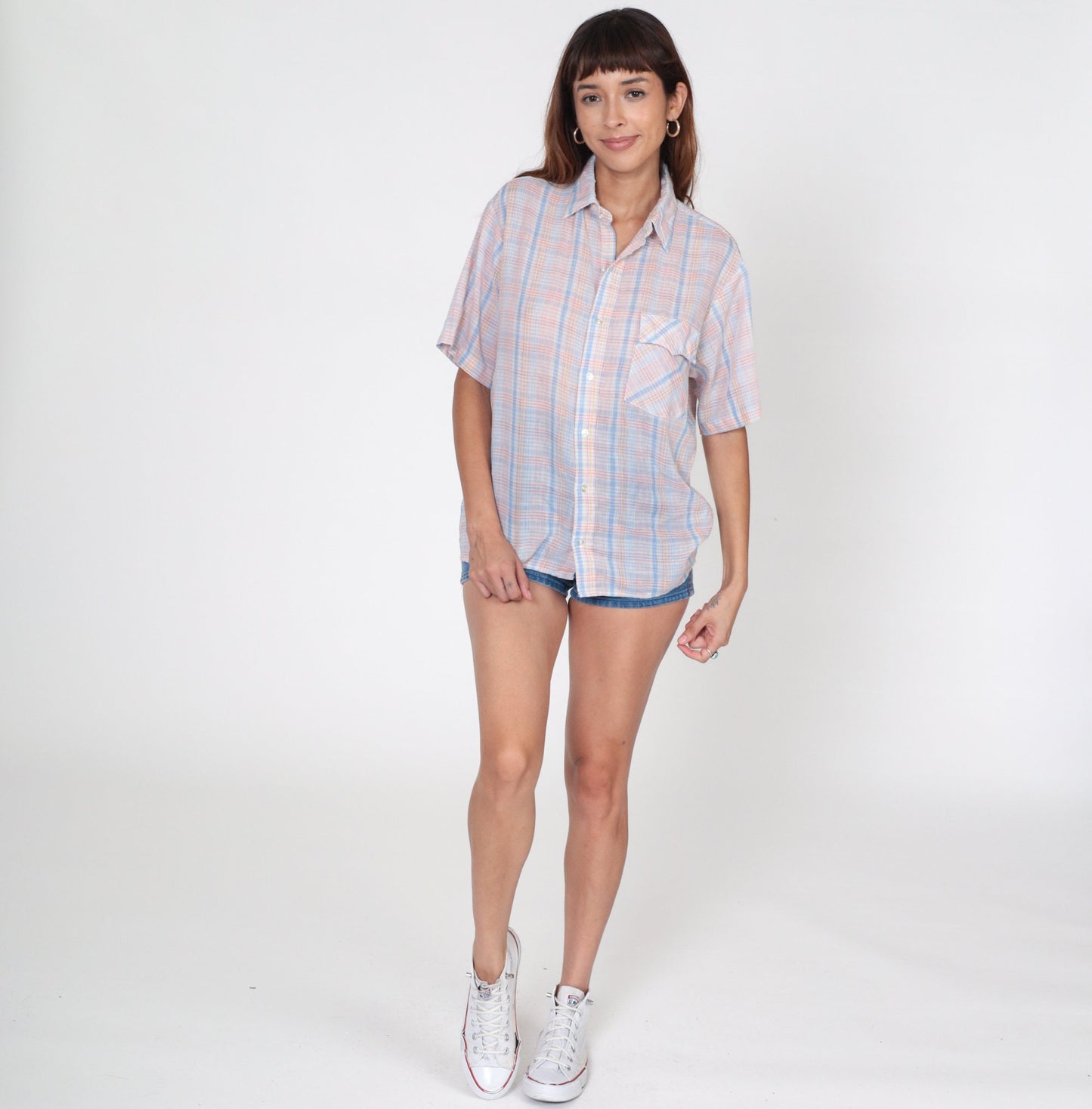 80s Plaid Button-Up Shirt Pink White Blue Checkered Short Sleeve Men's Medium