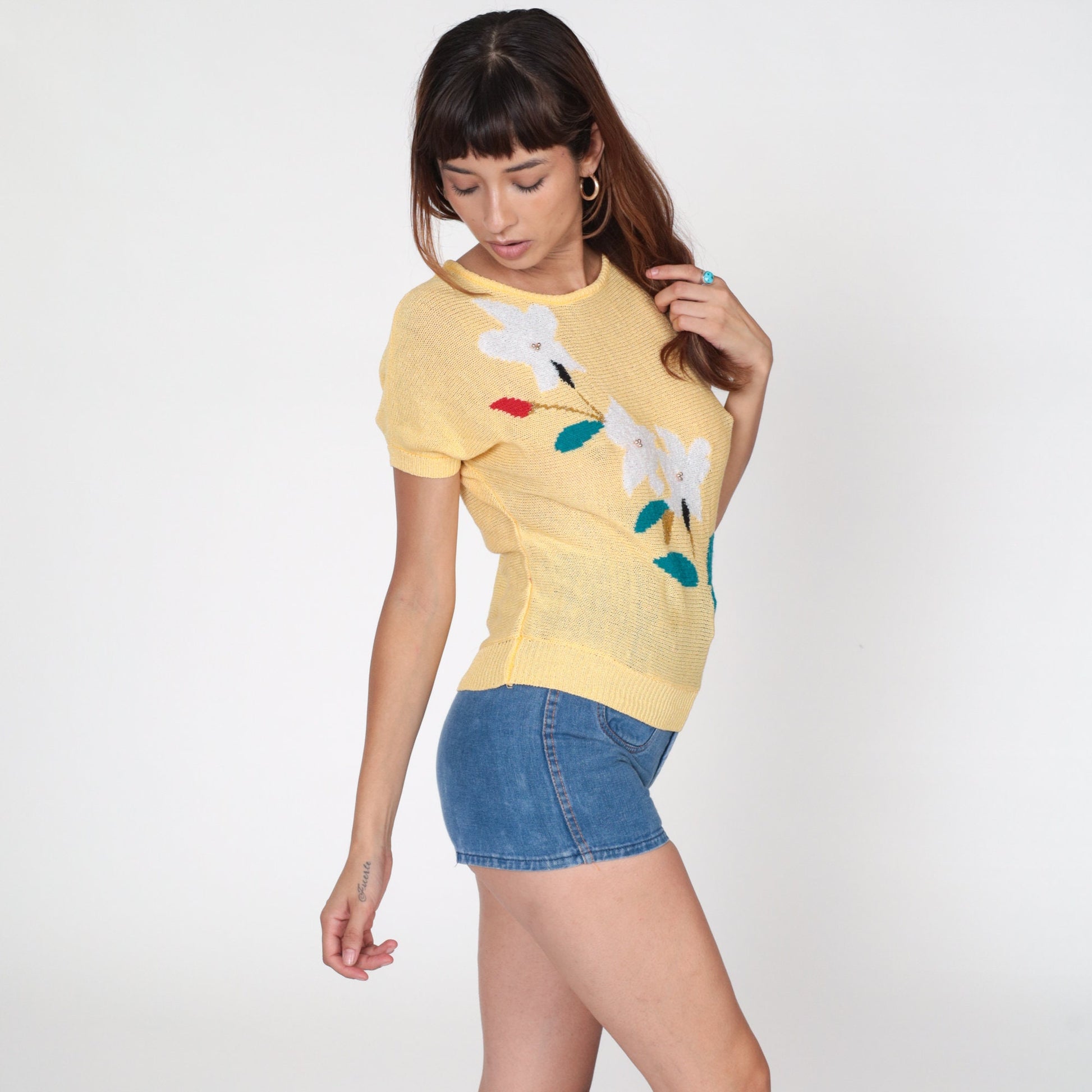 80s Beaded Floral Yellow Knit Top Short Sleeve Slouchy Blouse Extra Small XS