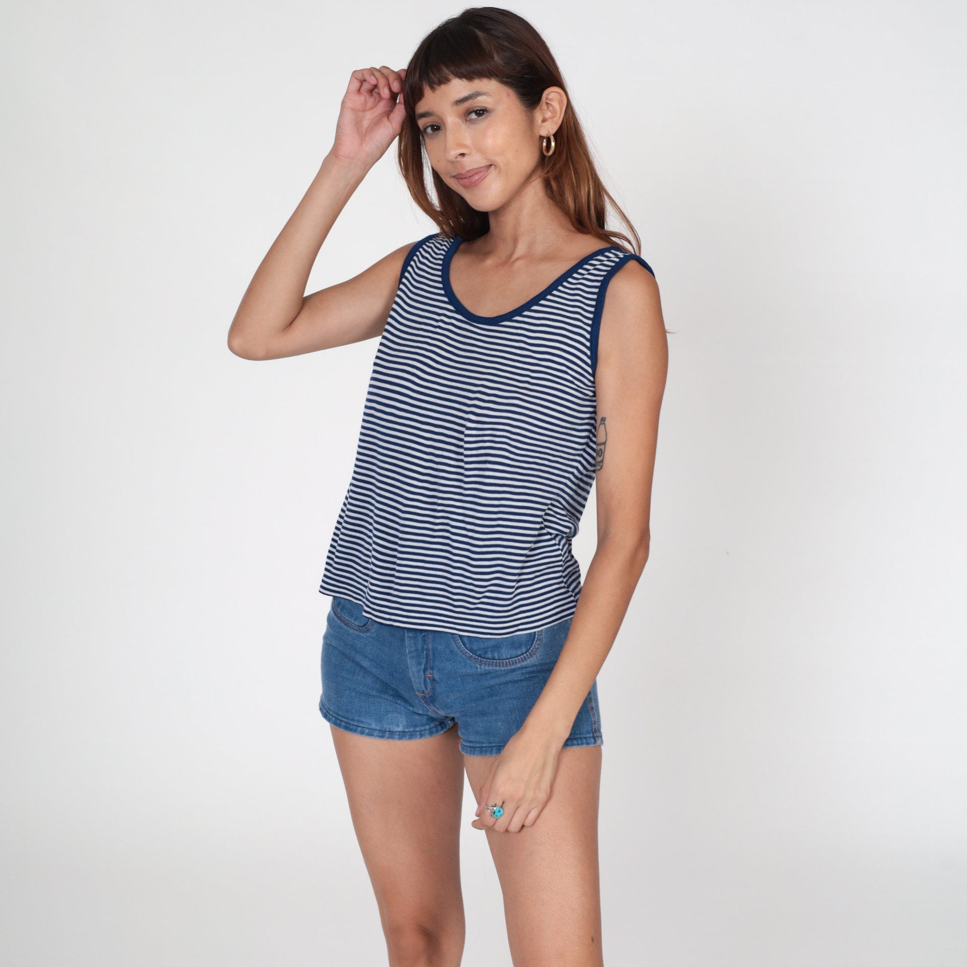 80s Intercontinental Knits Striped Tank Top Navy White Ringer Large