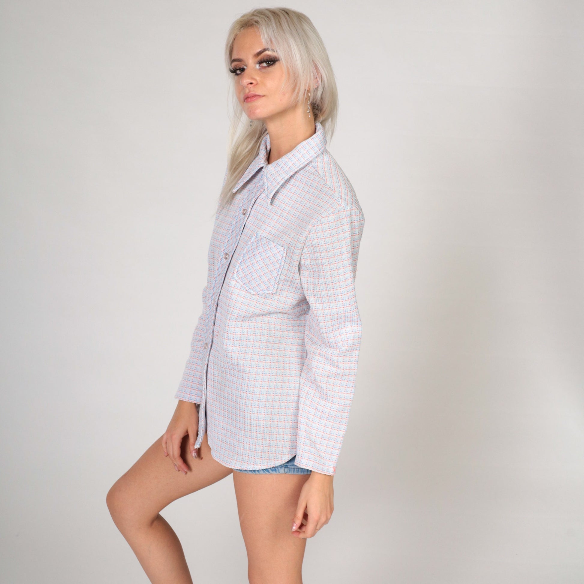 70s Checkered Button-Up Blouse Long Sleeve Pointed Collar White Coral Blue Small