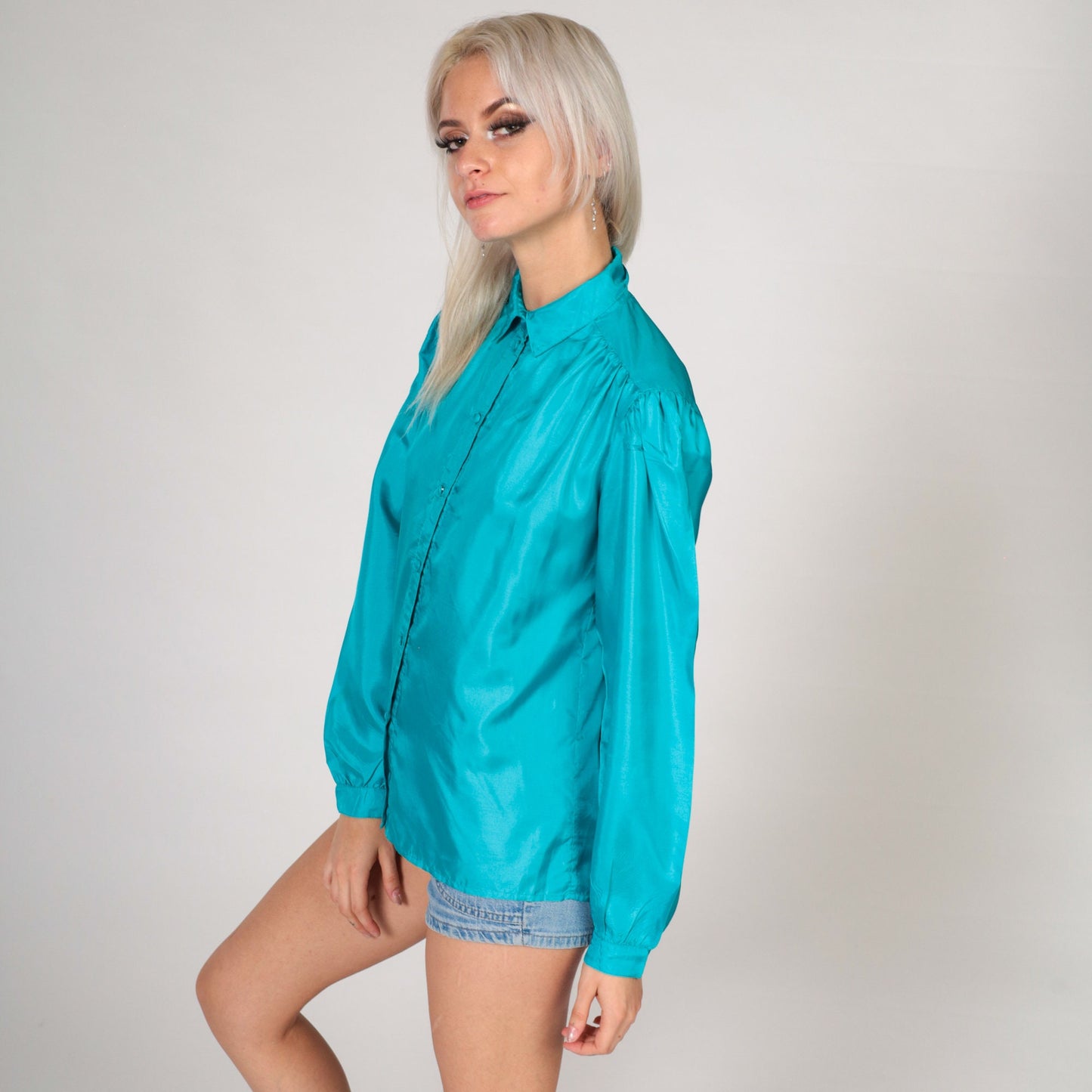 80s Turquoise Puff Sleeve Blouse Button-Up Pleated Chest Shiny Small