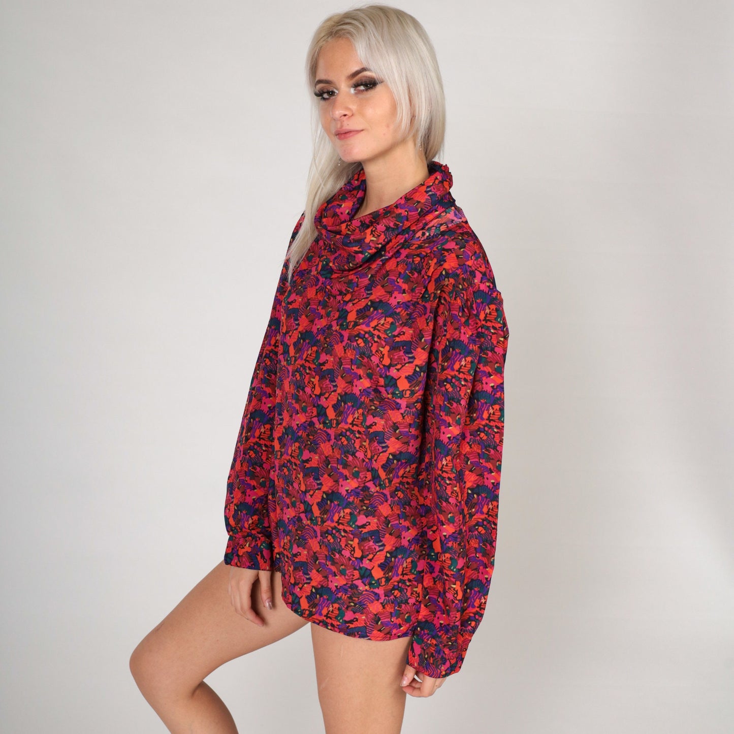 80s Abstract Print Cowl Neck Blouse Long Sleeve Purple Pink Orange Large L