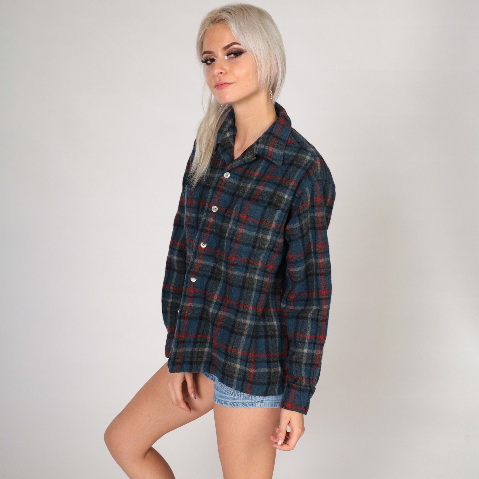 70s Brent Wool Blend Plaid Button-Up Shirt Grey Blue Large
