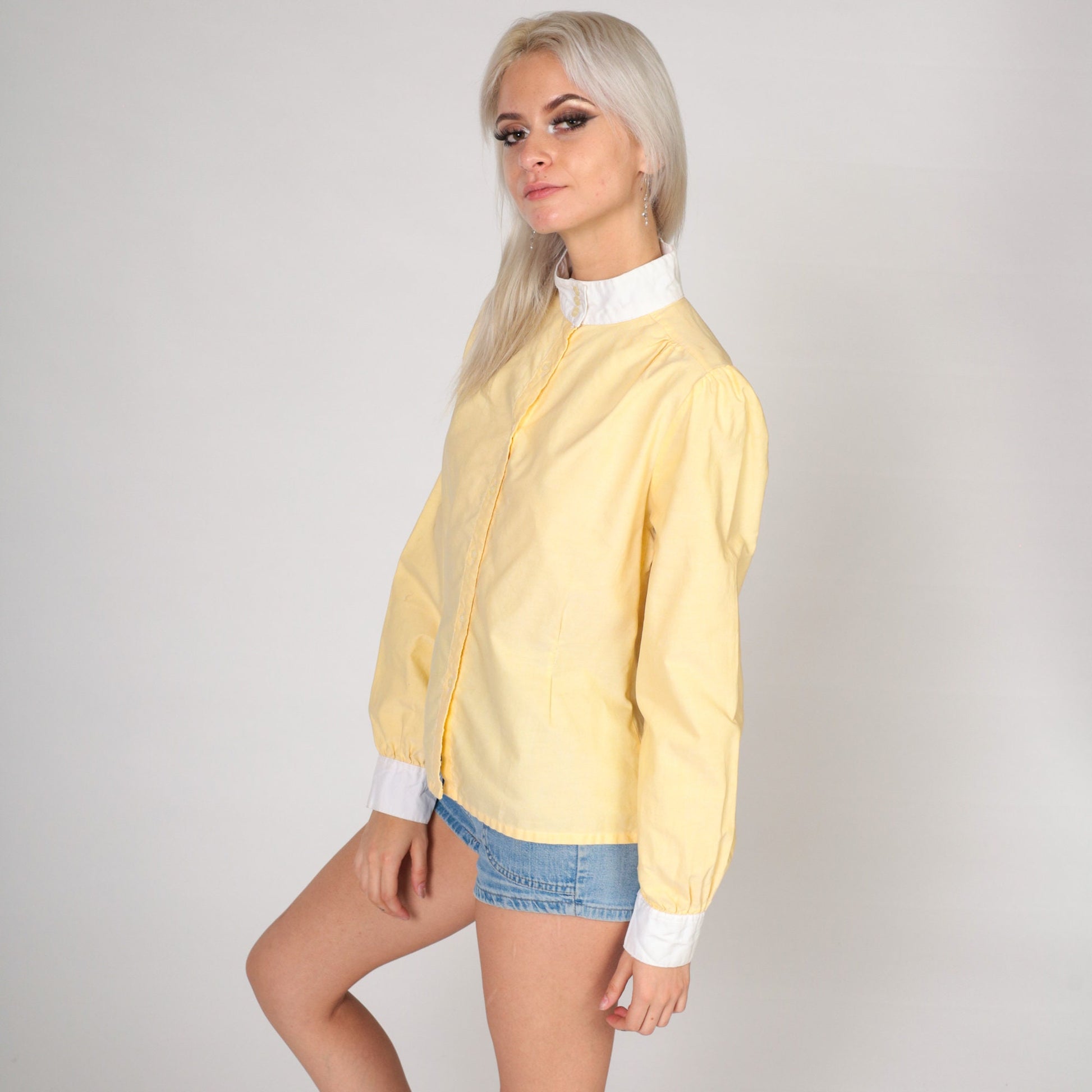 80s Yellow Puff Sleeve Blouse White Mock Neck Button Up Small