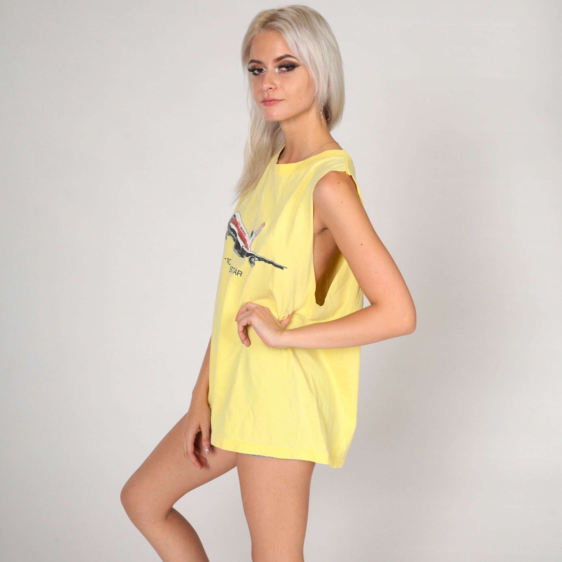 90s L-1011 TriStar Airplane Graphic Muscle Tank Yellow Medium Large