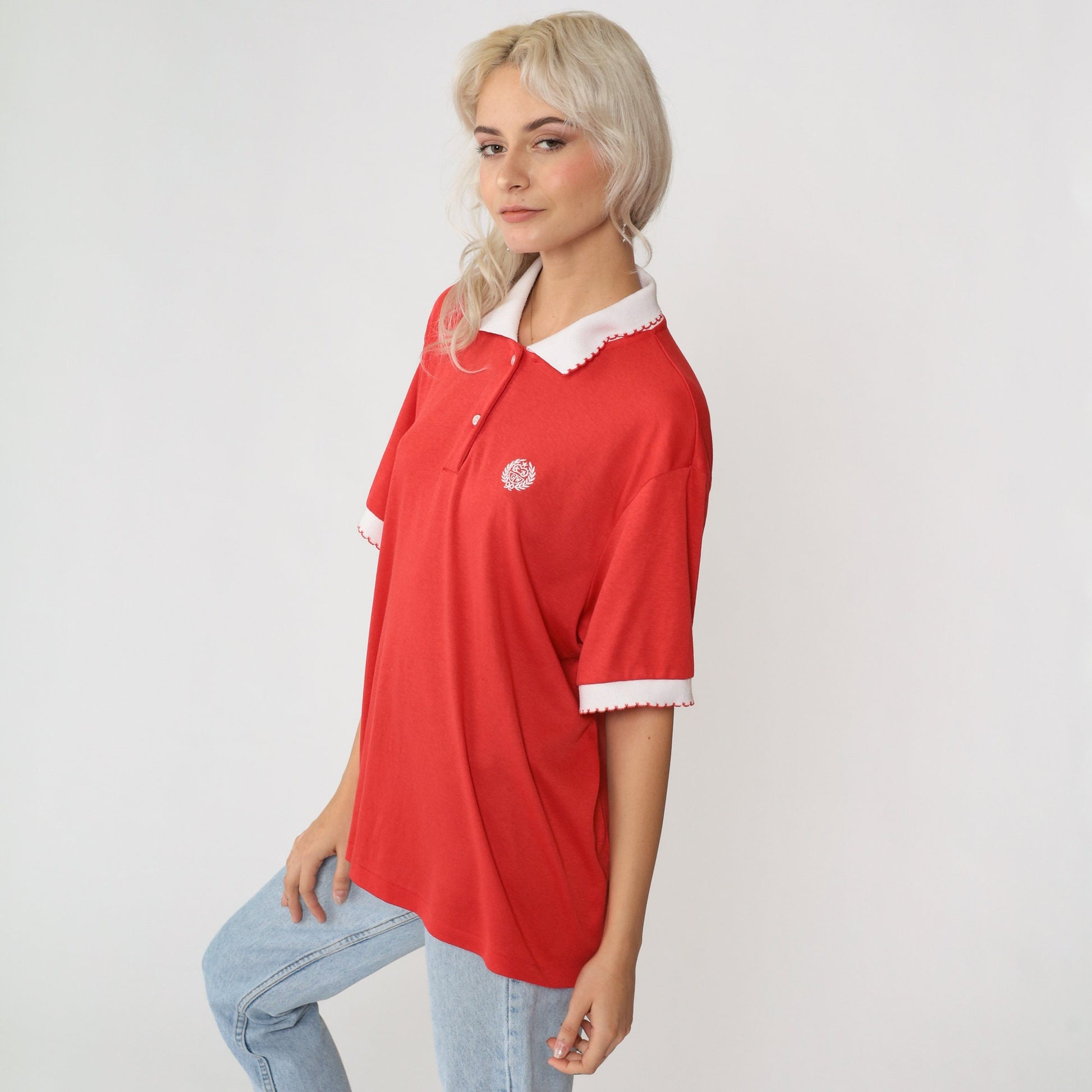 80s Red Polo Shirt GW Embroidered Crest Half Button Ringer Extra Large XL