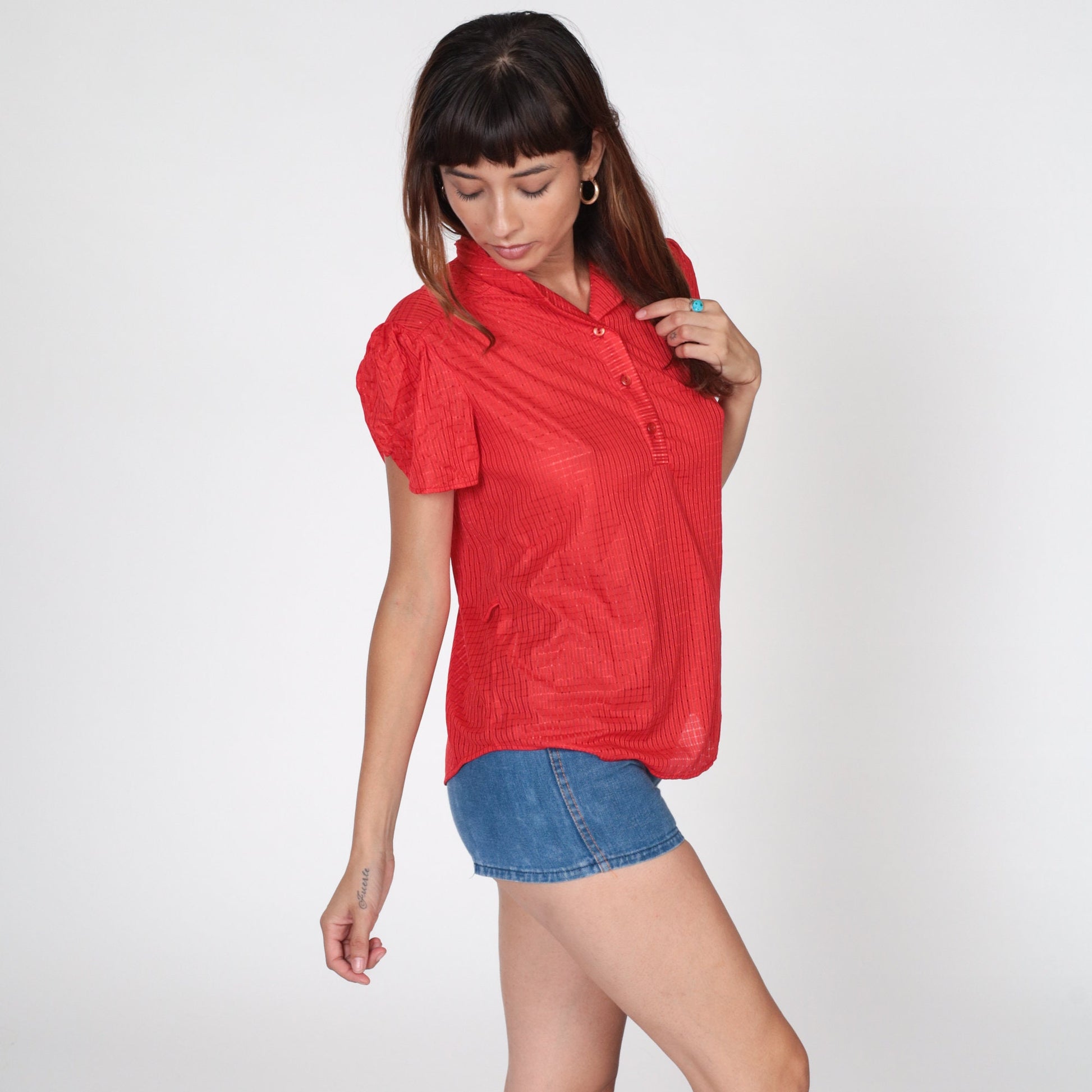 70s Red Checkered Puff Sleeve Button-Up Blouse Sheer Medium