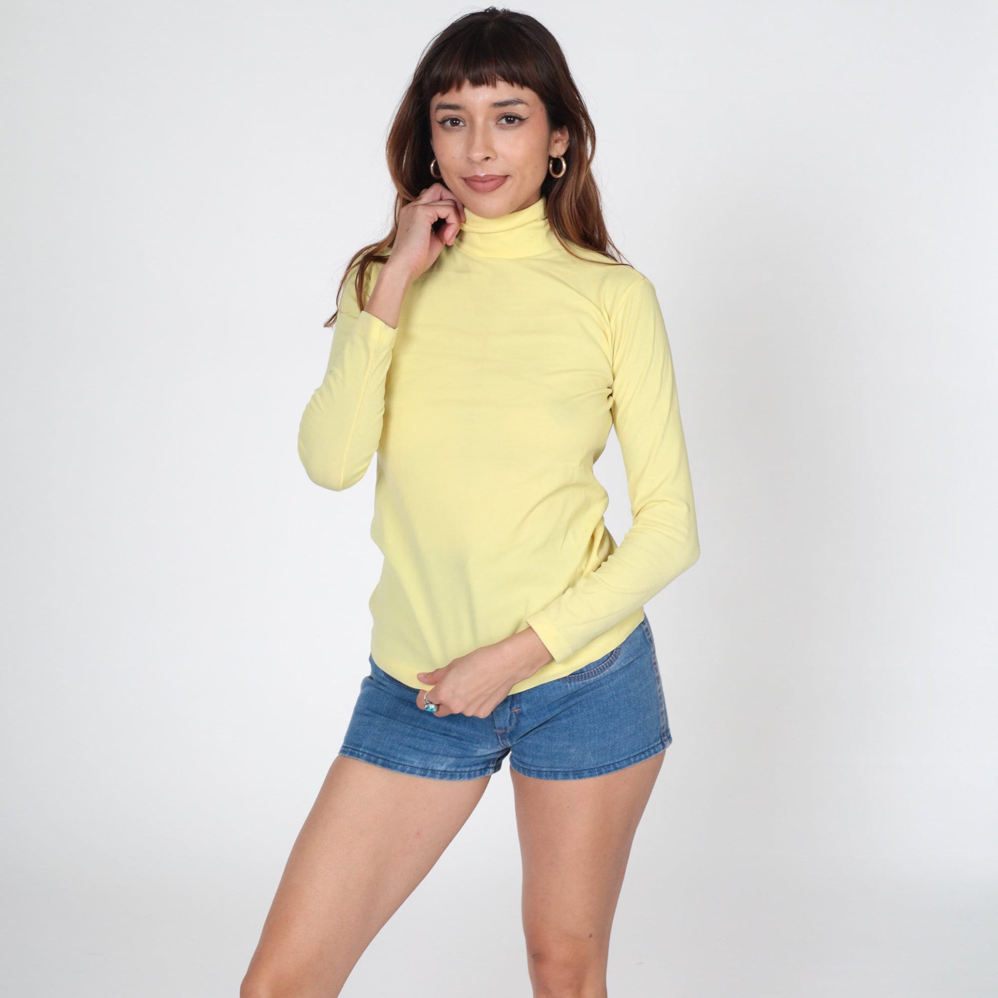 70s Yellow Turtleneck Long Sleeve Blouse Rear Zipper Small