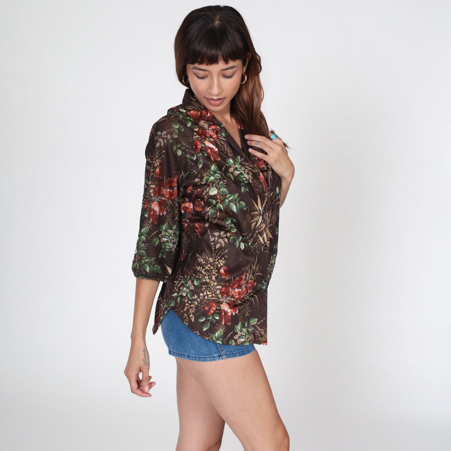70s Brown Leaf Print Button-Up Blouse 3/4 Raglan Sleeve Large