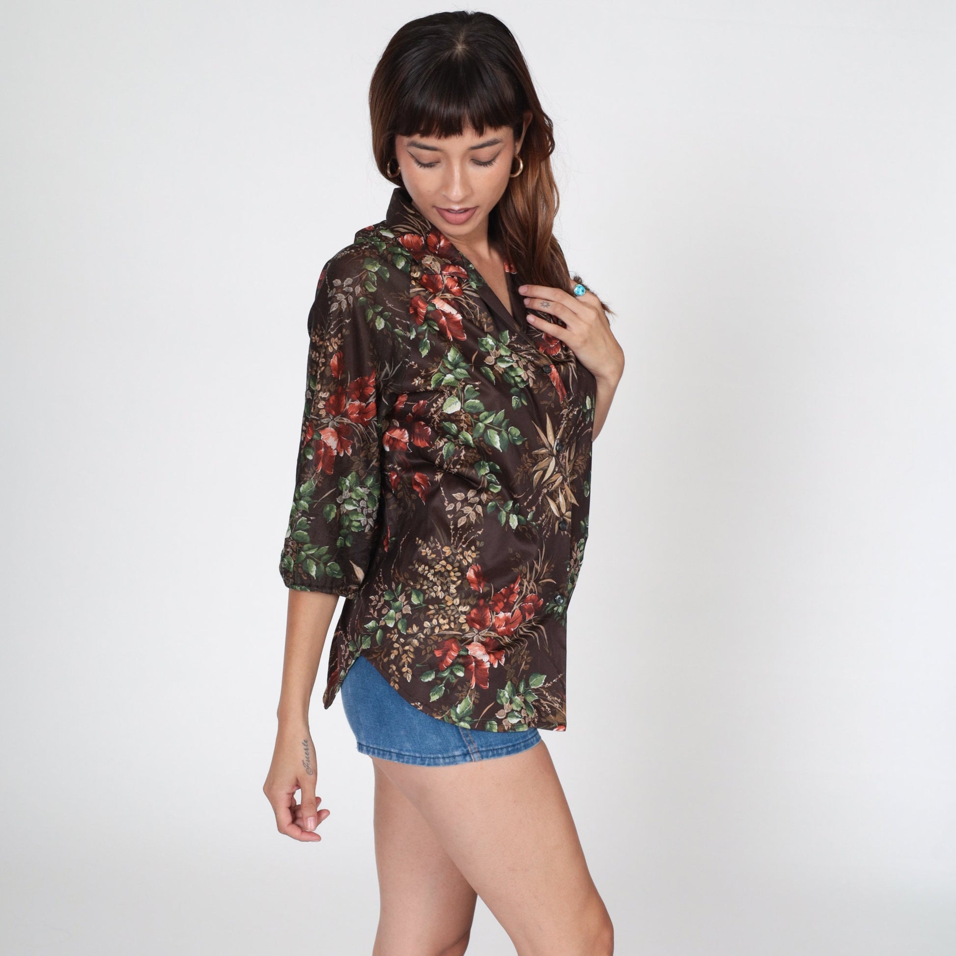 70s Brown Leaf Print Button-Up Blouse 3/4 Raglan Sleeve Large