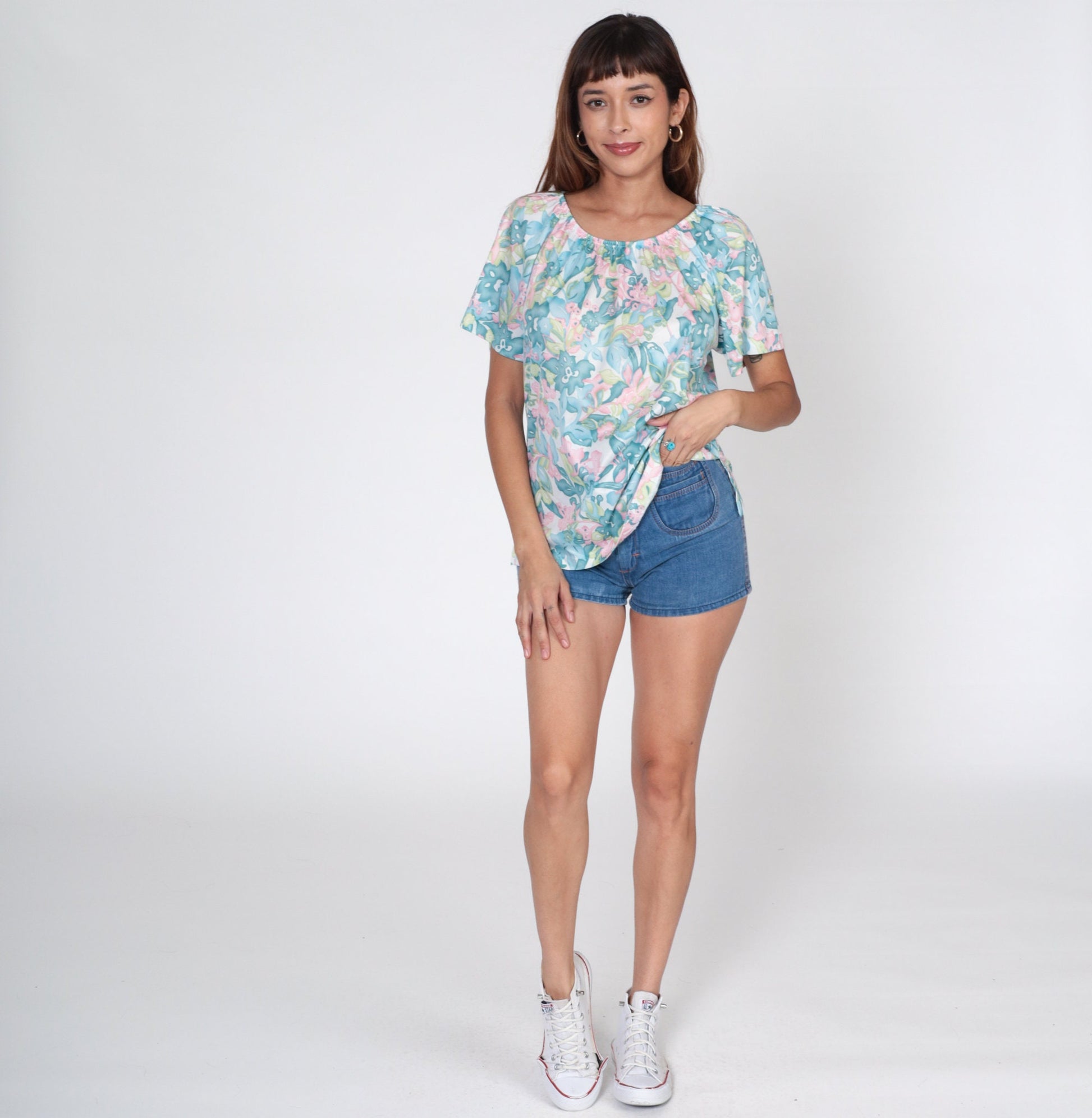 70s Floral Peasant Blouse Raglan Sleeve Elastic Neckline Small Medium