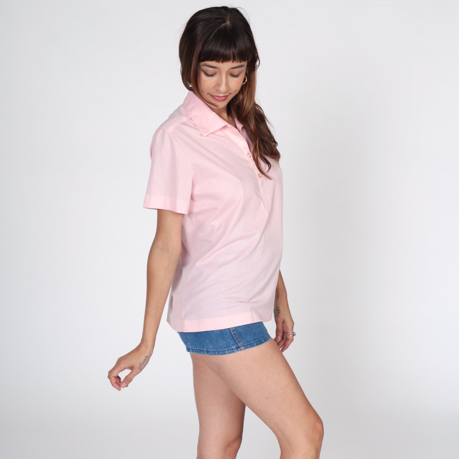 70s Polo Shirt Baby Pink Collared Short Sleeve Blouse Large L