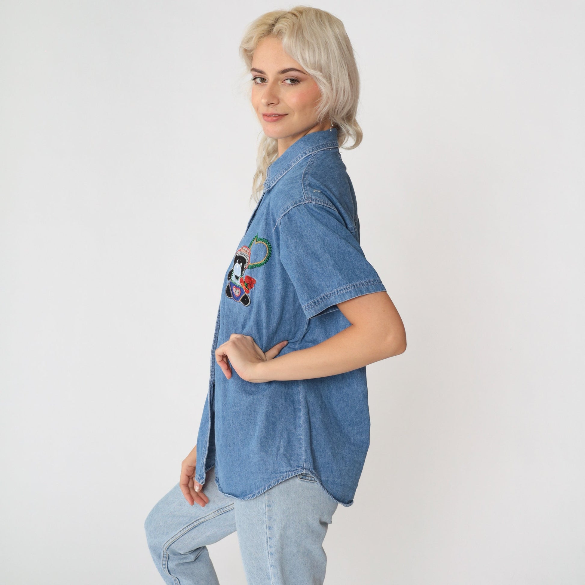 90s Cactus Clothing Denim Button Down Teddy Bear Heart Embroidered Shirt Medium