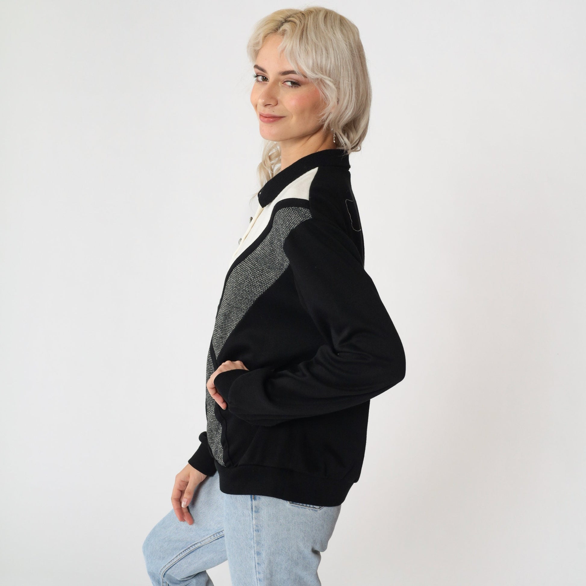 90s Alfred Dunner Colour Block Chevron Sweatshirt Black White Large L