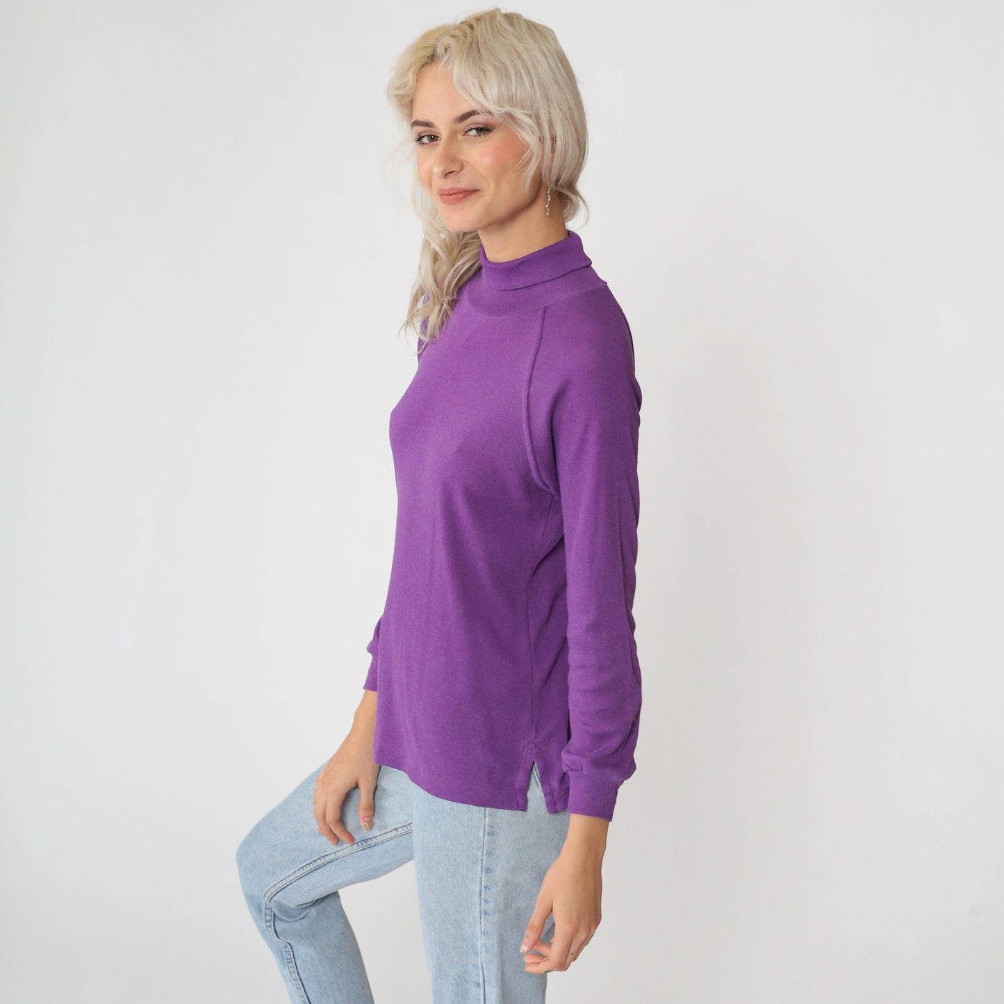 80s Purple Turtleneck Raglan Sleeve Long Shirt Extra Small XS
