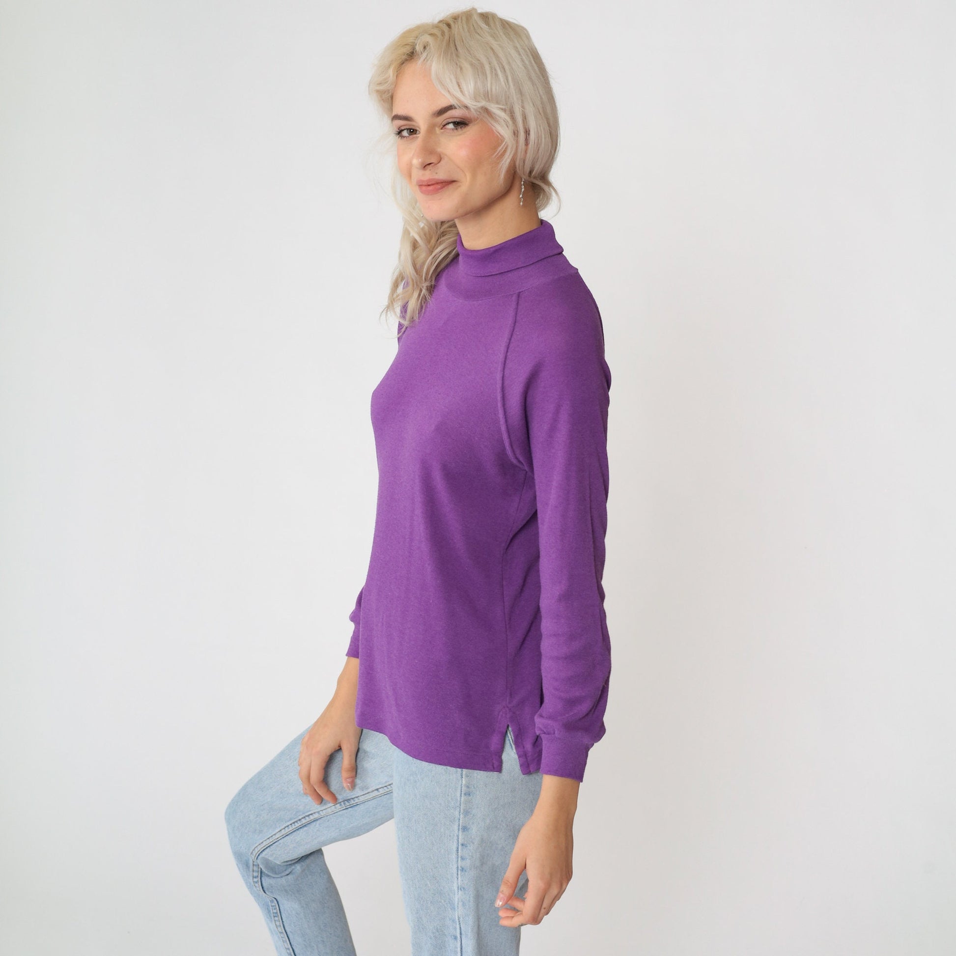 80s Purple Turtleneck Raglan Sleeve Long Shirt Extra Small XS