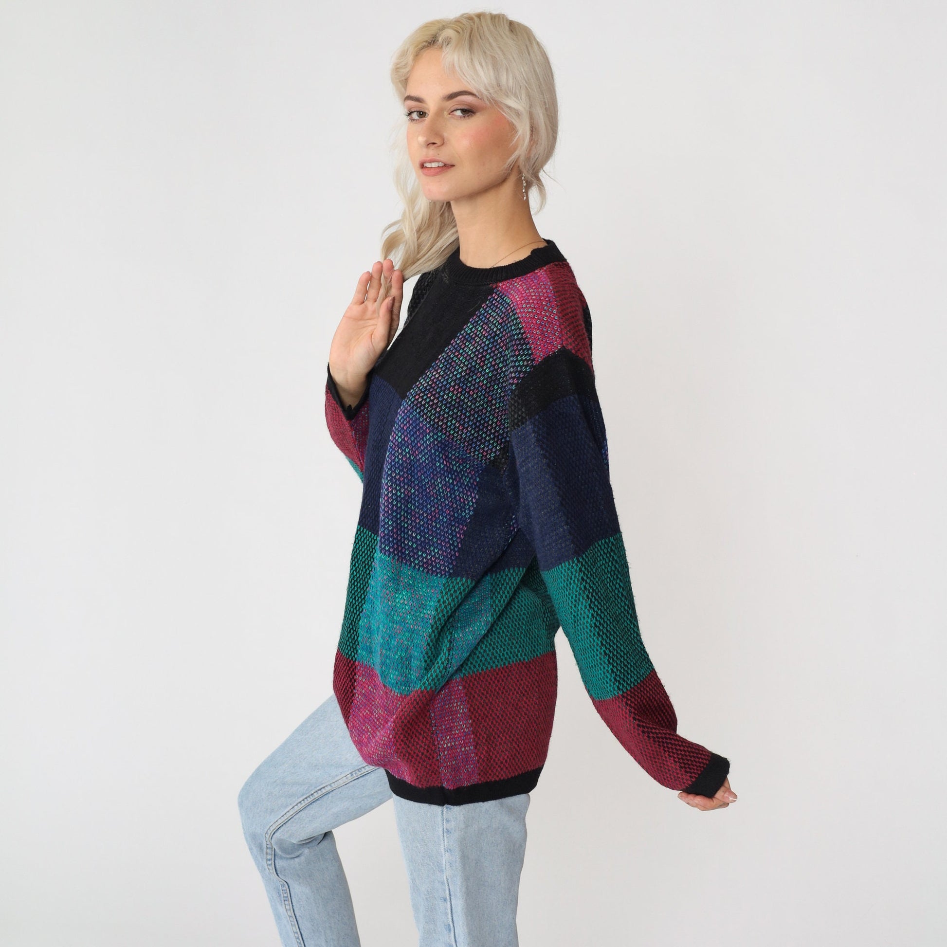 90s Alfred Dunner Color Block Crewneck Sweater Black Green Blue Small