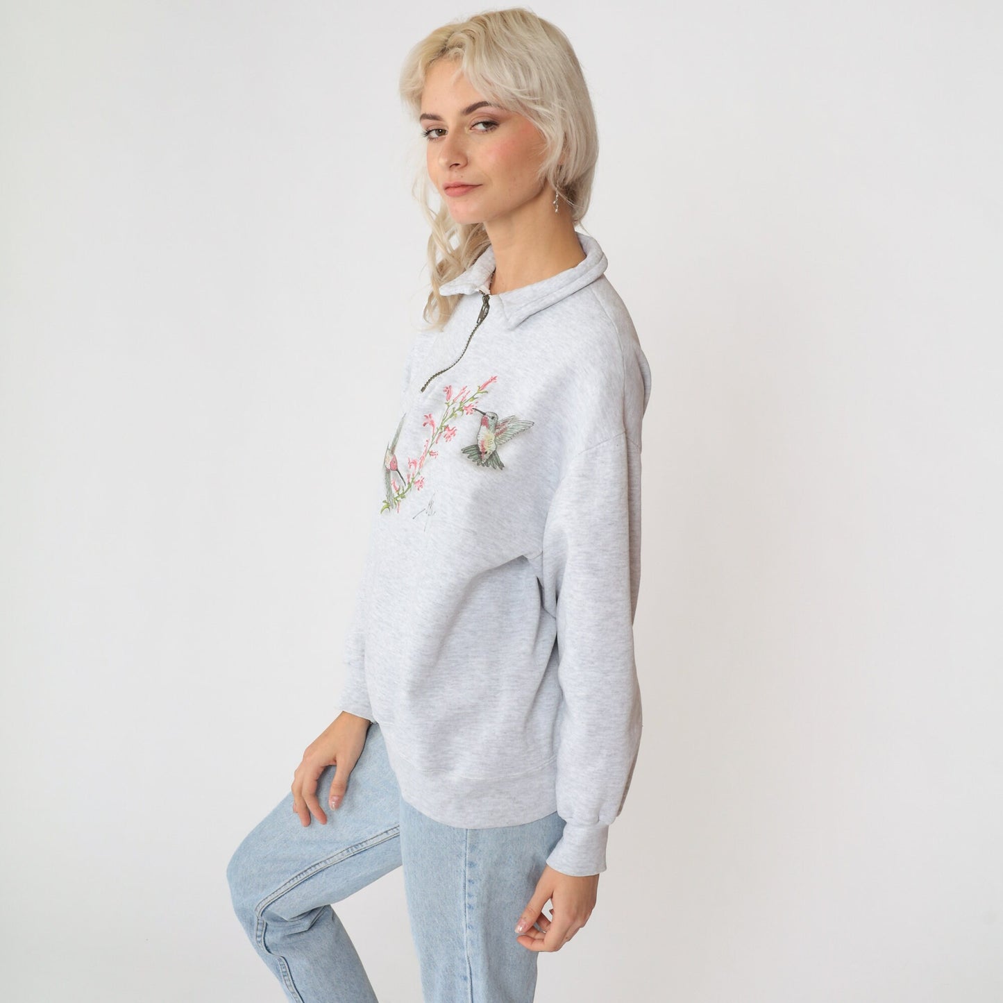 90s Hummingbird Floral Quarter Zip Sweatshirt Heather Grey Jerzees Medium