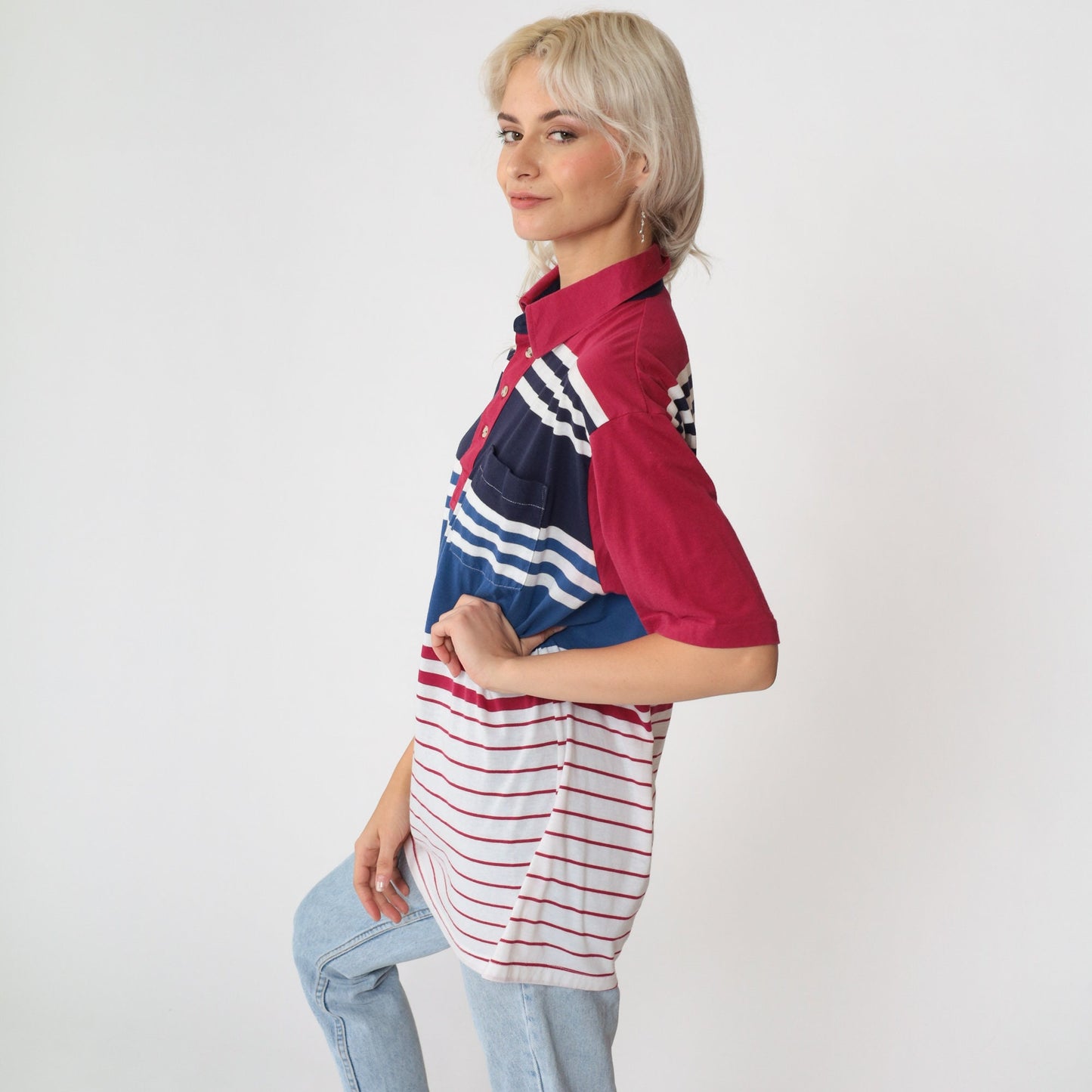 90s Striped Polo Shirt Raspberry Red Navy White Collared Cotton Large