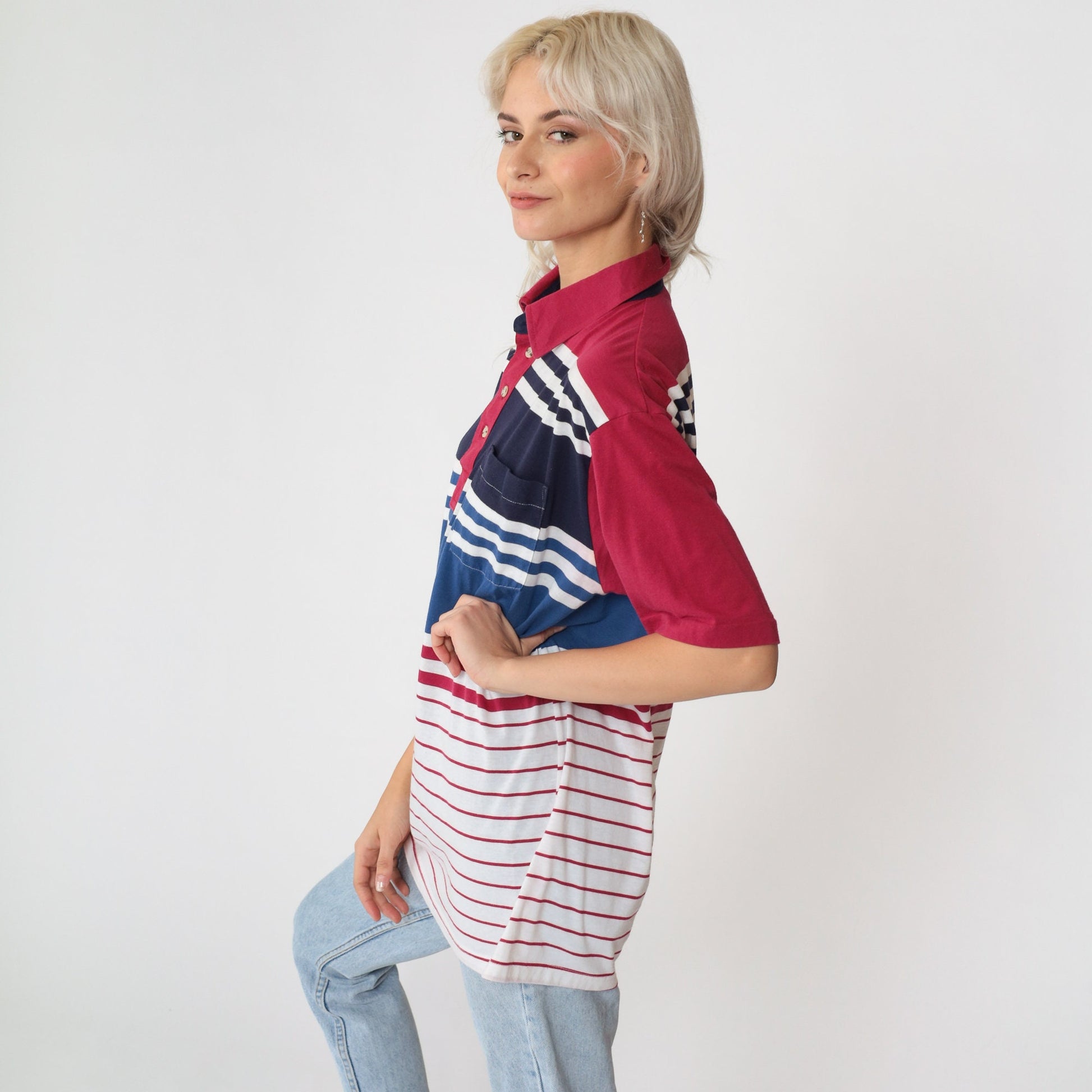 90s Striped Polo Shirt Raspberry Red Navy White Collared Cotton Large