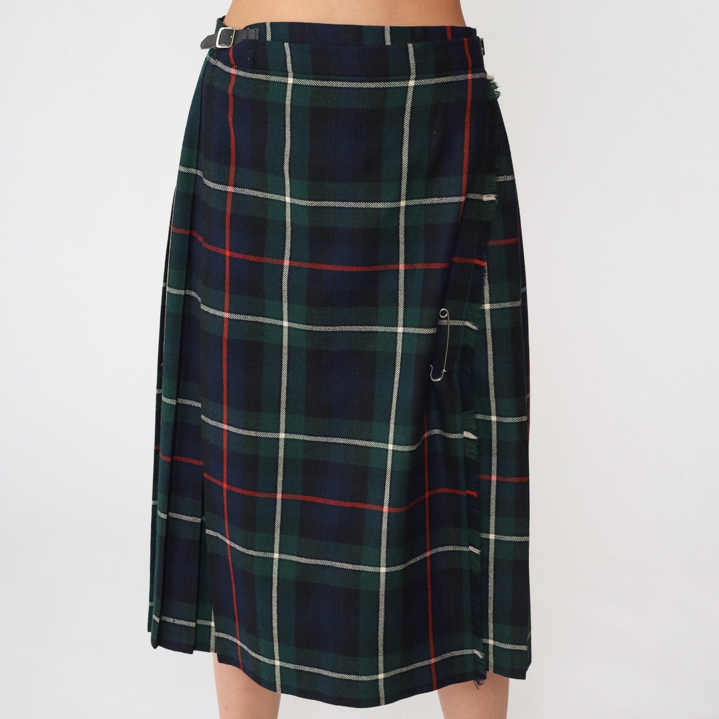 80s Navy Plaid Wool Midi Skirt High Waist Pleated Kilt Medium