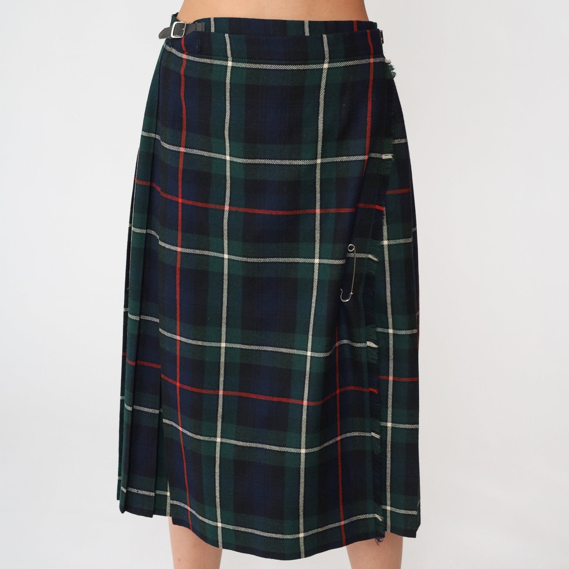 80s Navy Plaid Wool Midi Skirt High Waist Pleated Kilt Medium