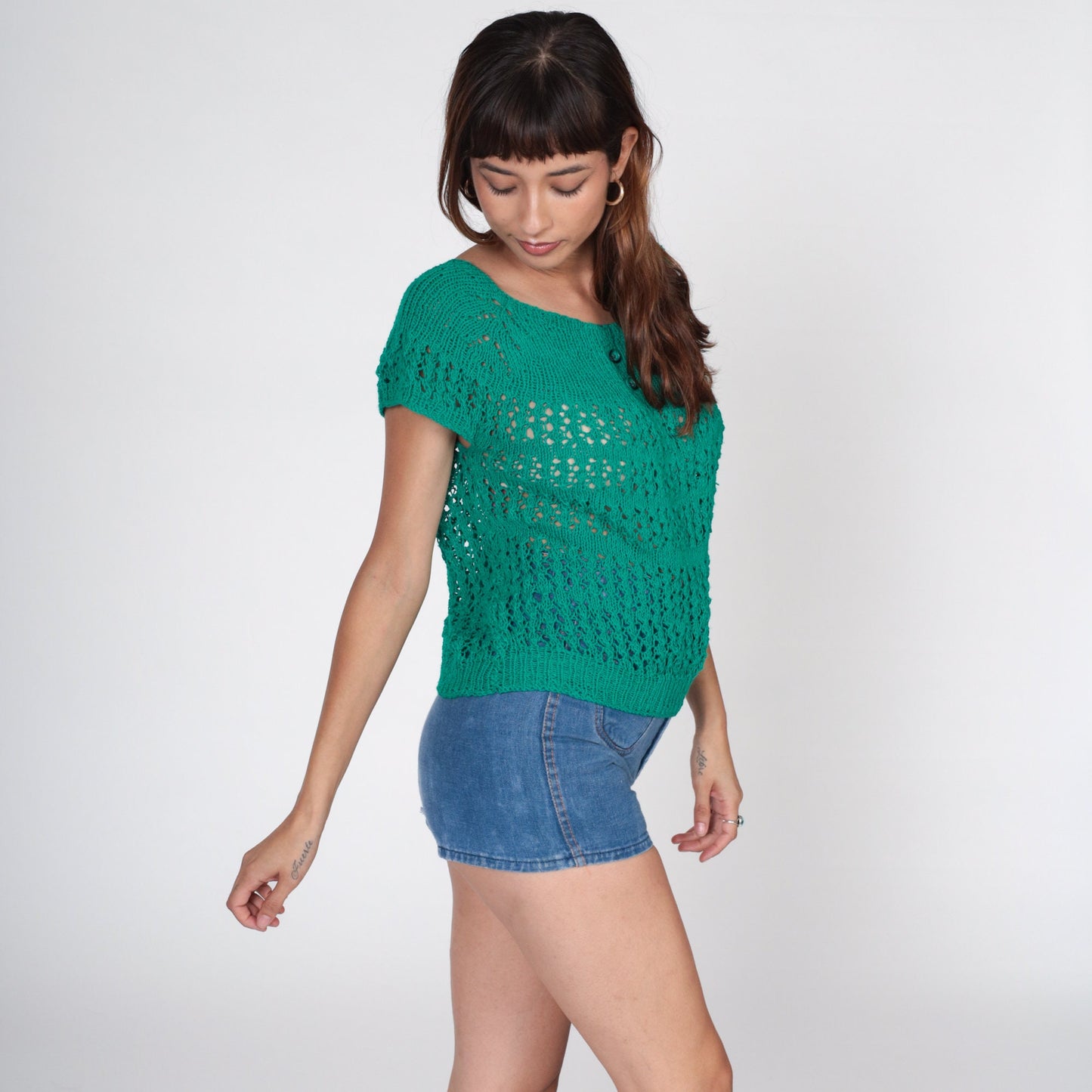 80s Green Crochet Blouse Short Raglan Sleeve Sheer Knit Top Small S