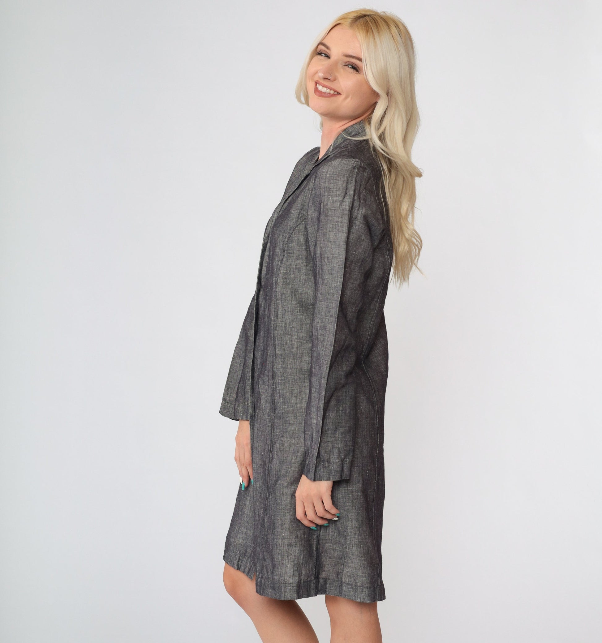 80s Grey Flecked Shirtdress Mini Collared Button-Up Cotton Linen Small