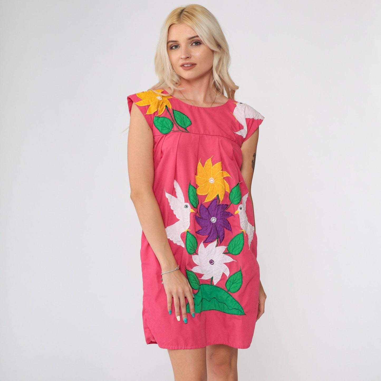 80s Mexican Embroidered Mini Dress Pink Floral Bird Cap Sleeve Cotton XXS