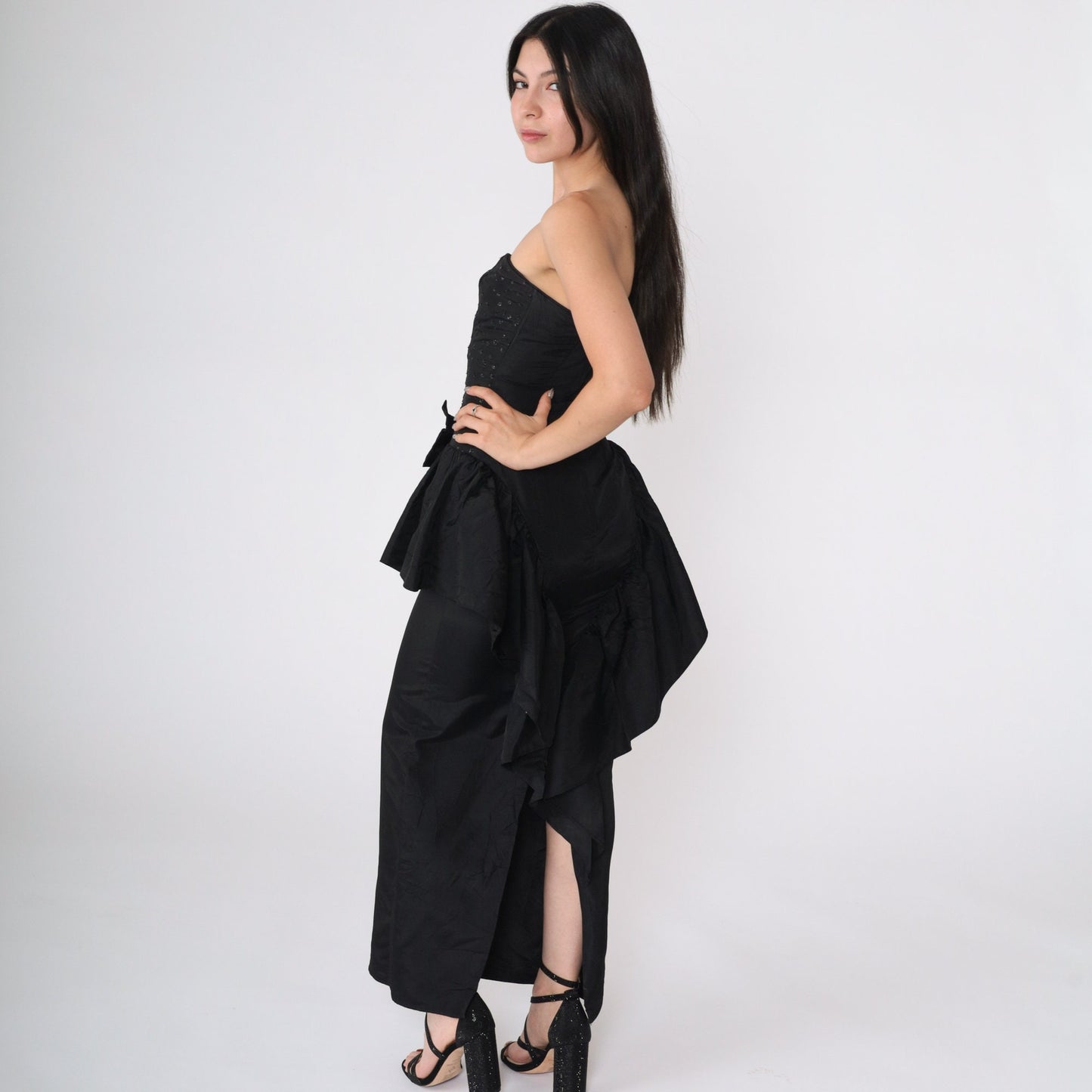 80s Gunne Sax Black Glitter Strapless Maxi Dress Sweetheart Neckline XXS