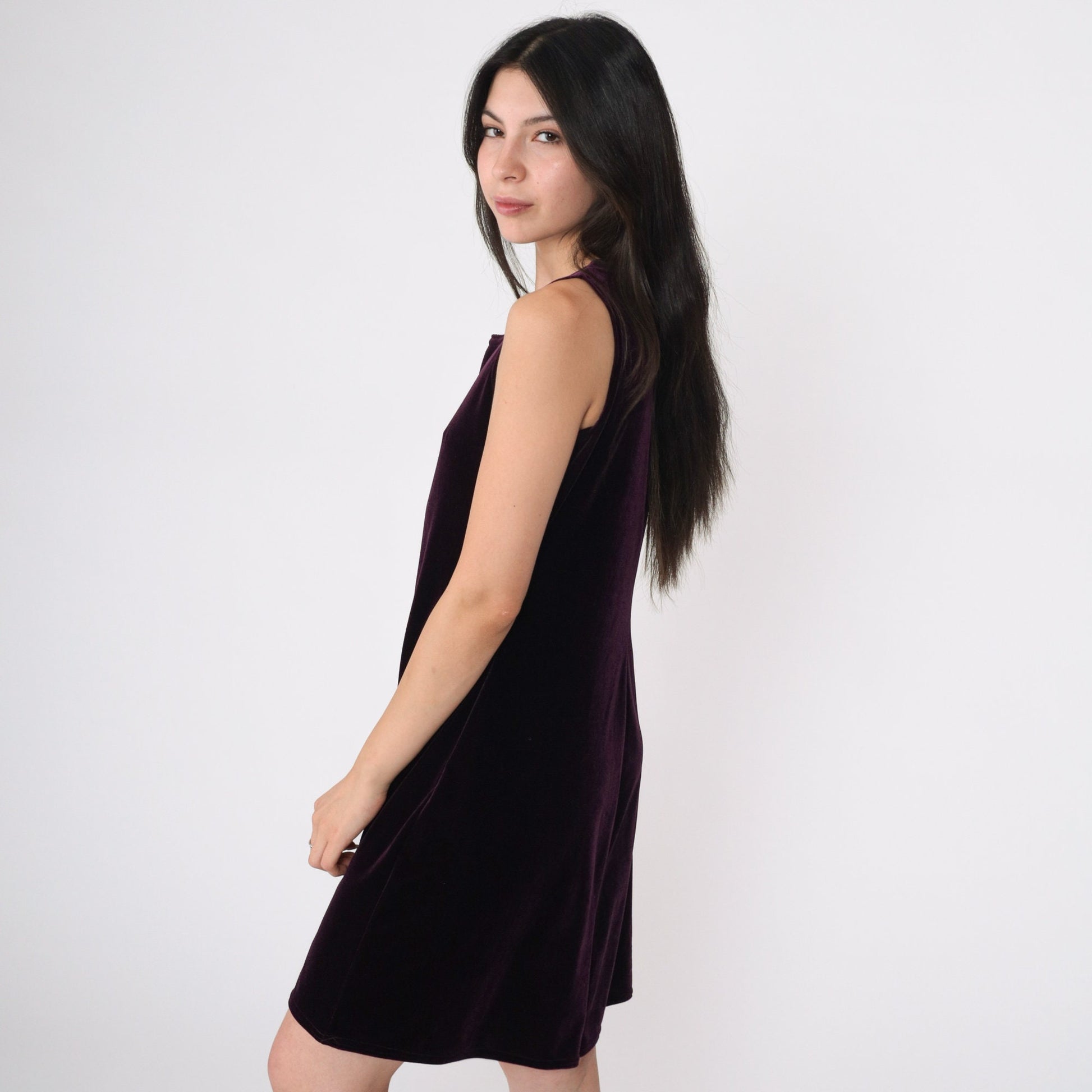 90s Purple Velvet Mini Dress Sleeveless Scoop Neck Shift Small