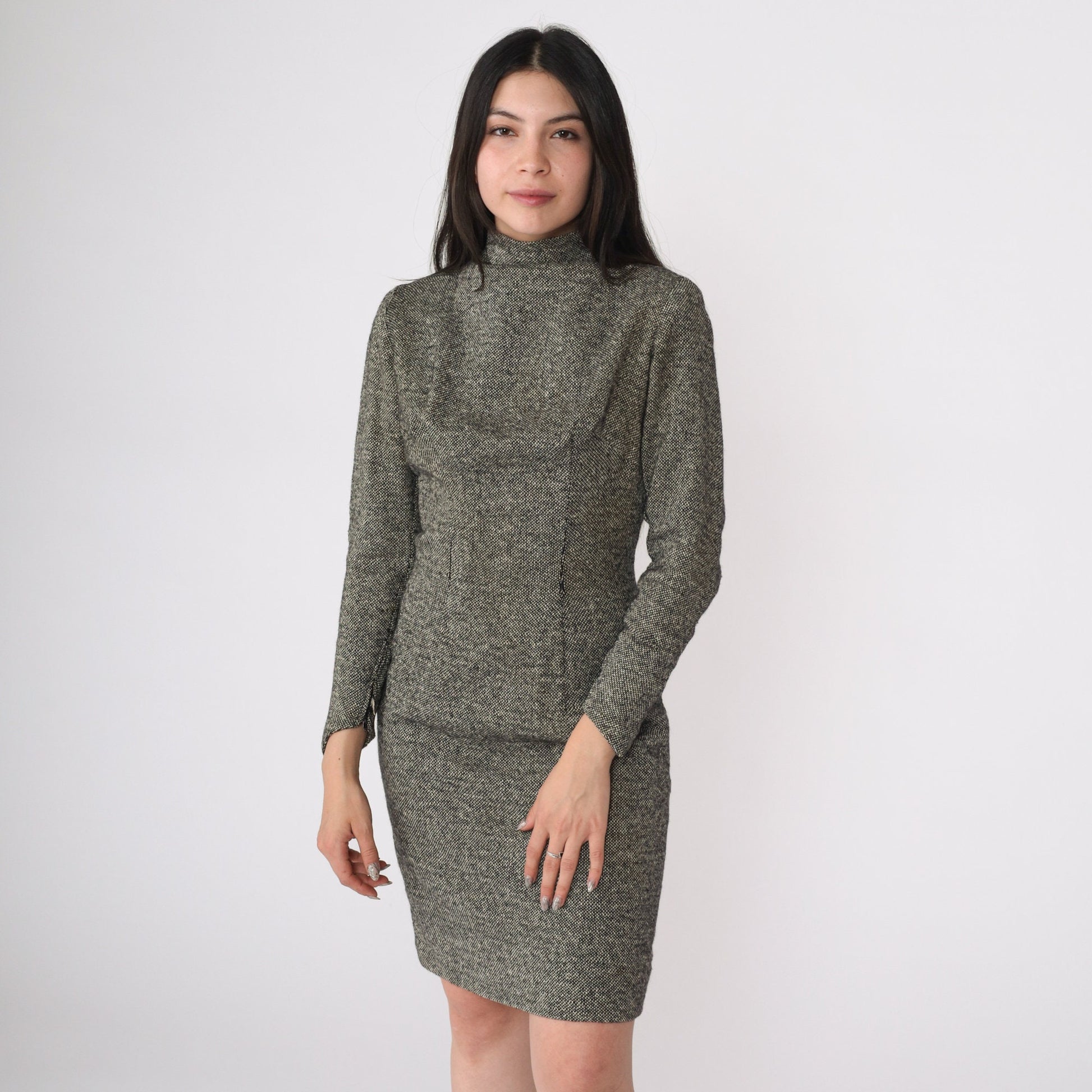 1960s S Eisenberg Wool Dress Black White Flecked Mock Neck Long Sleeve Small