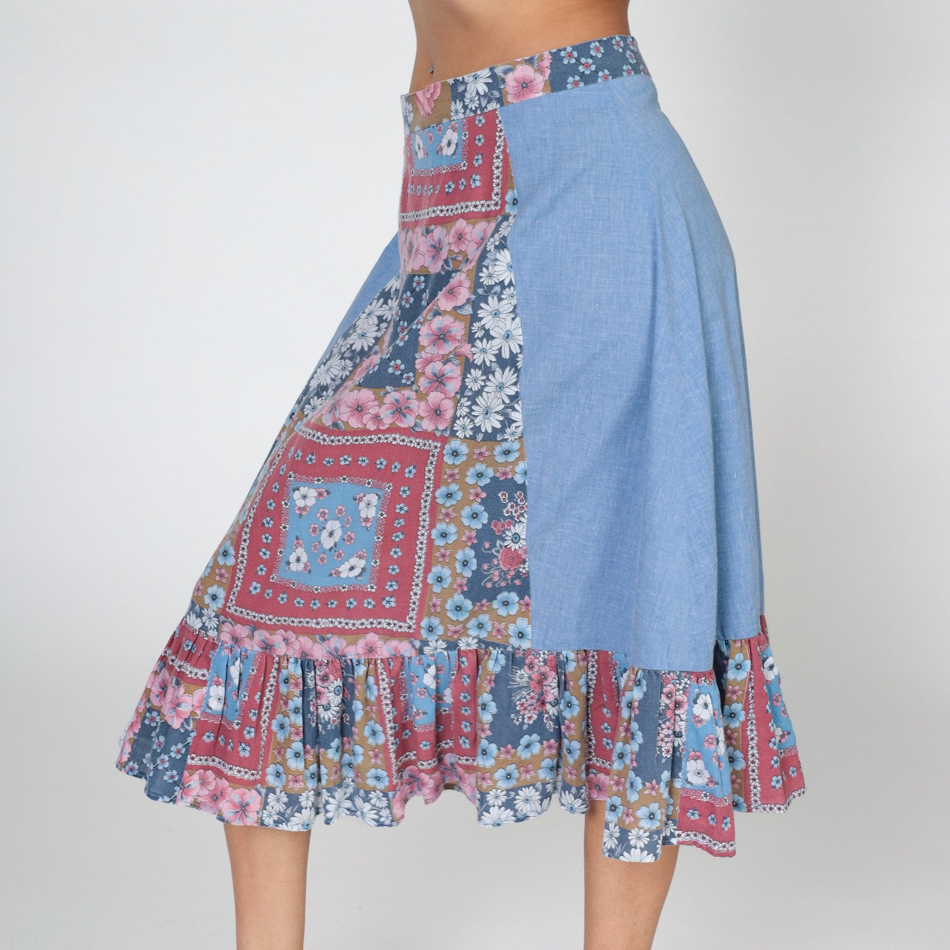 70s Patchwork Floral Midi Skirt Blue High Waist Tiered Ruffled Medium