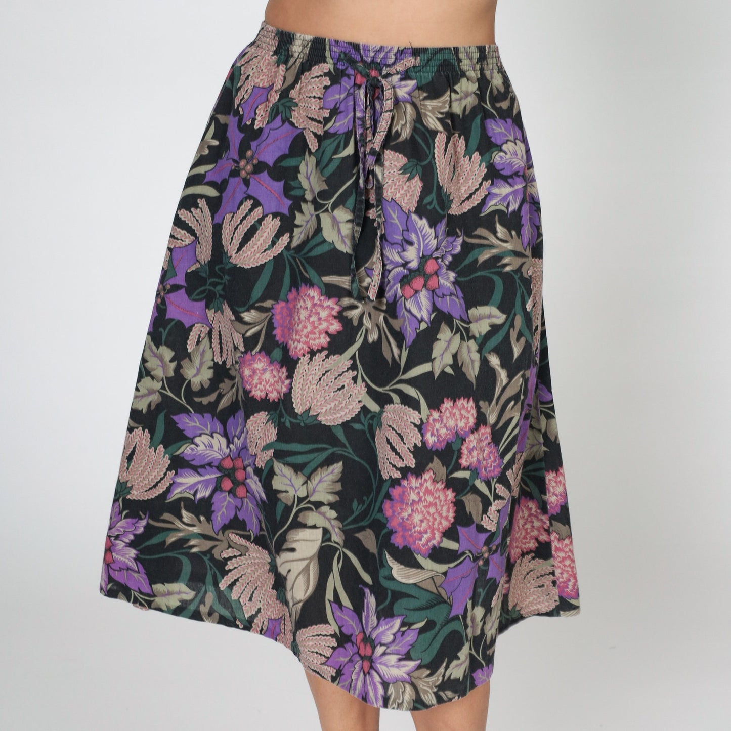 80s Black Floral Midi Skirt High Waist Purple Dahlia Print Small