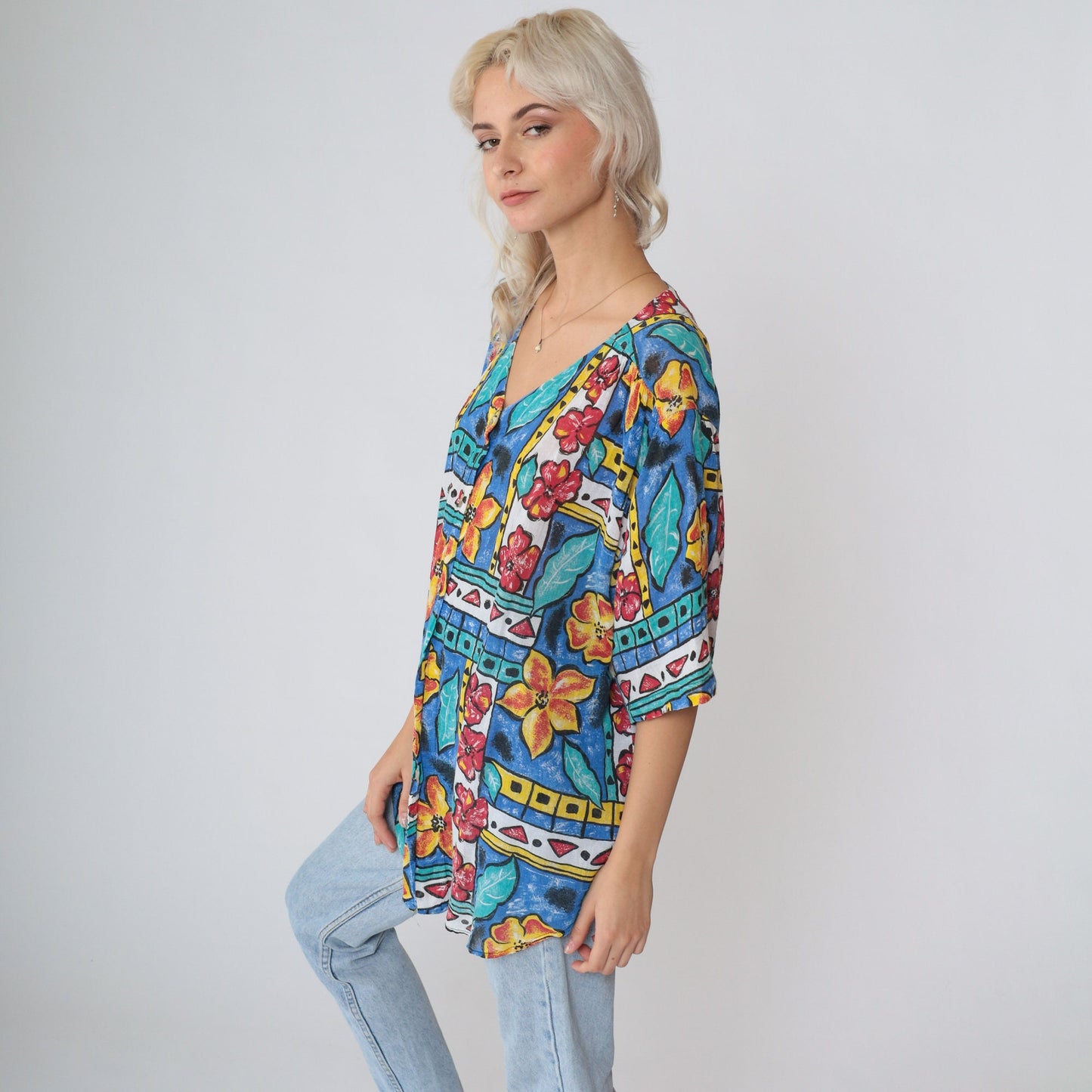 90s Copy Cats Floral Abstract Geometric Print Button Up Blouse Large L
