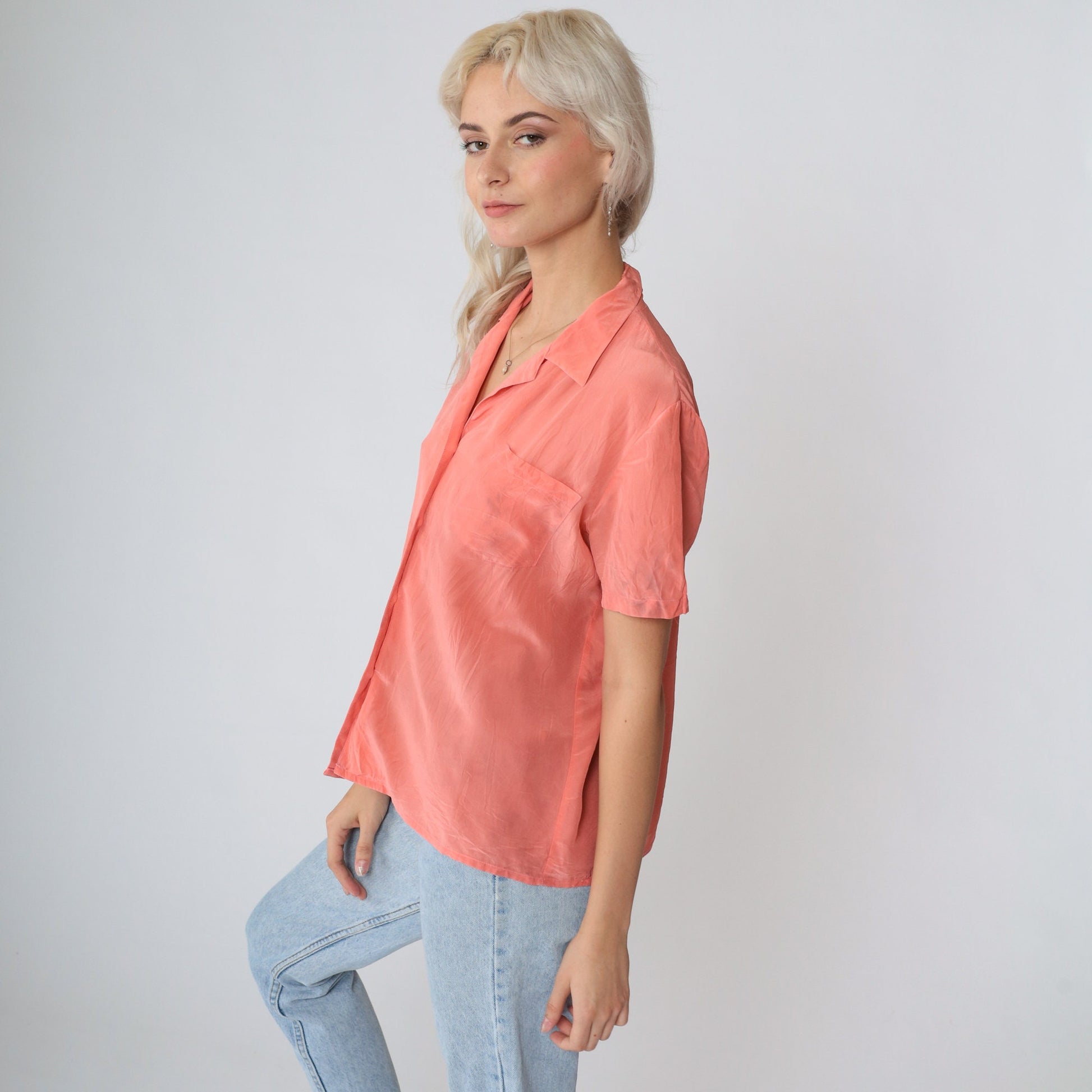 80s Nordstrom Silk Button-Up Blouse Peach Short Sleeve Chest Pocket Large L