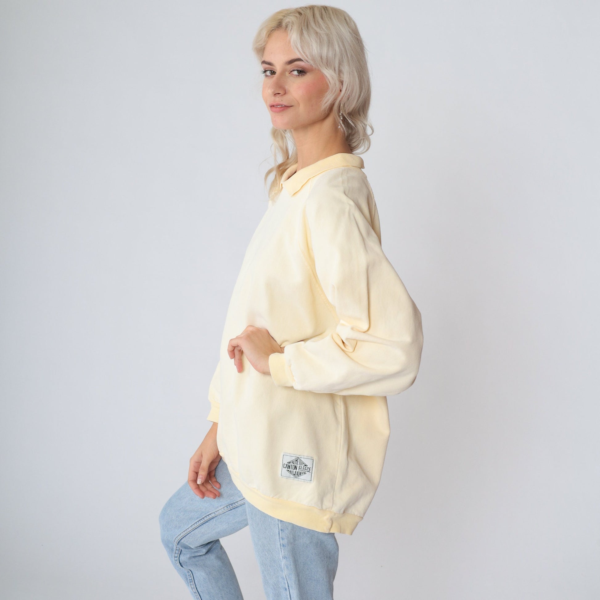 90s Palmetto Canton Fleece Collared Sweatshirt Cream Yellow Raglan Large