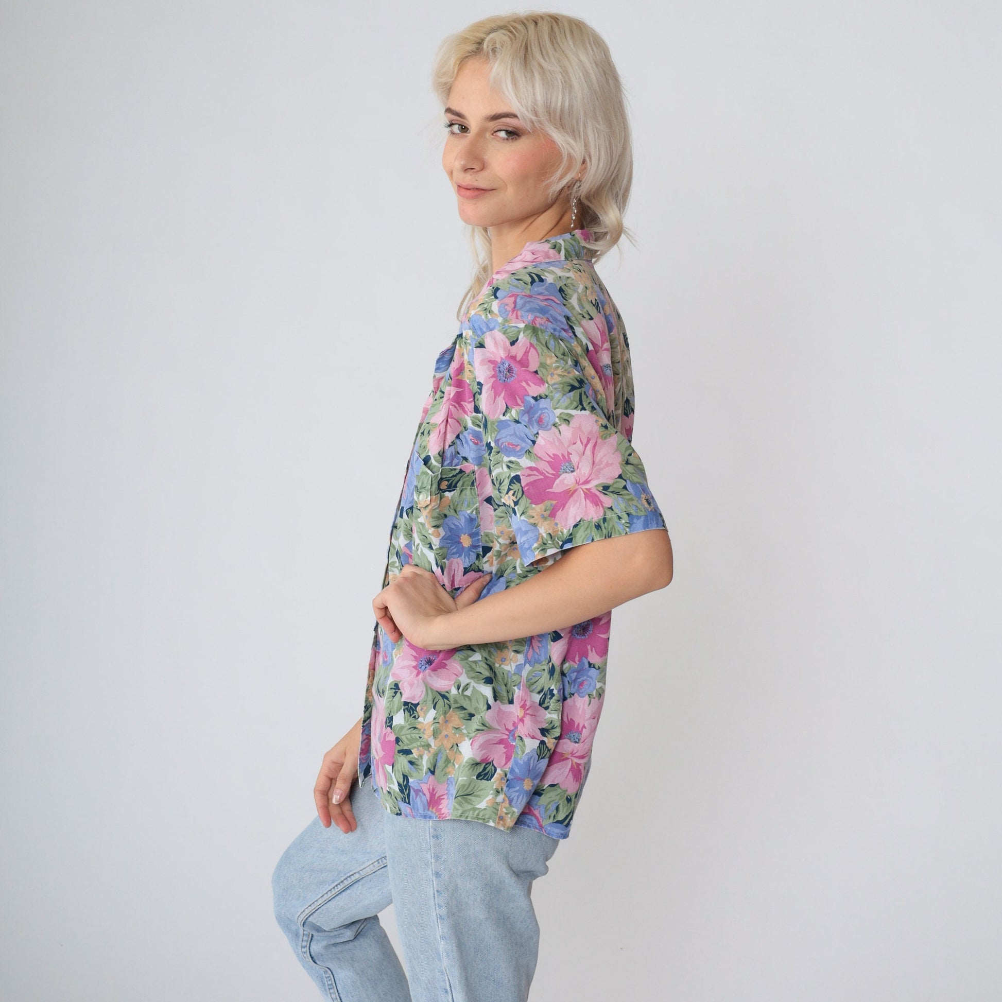 90s Floral Button-Up Blouse Short Sleeve Collared Shirt Multicolor Medium M