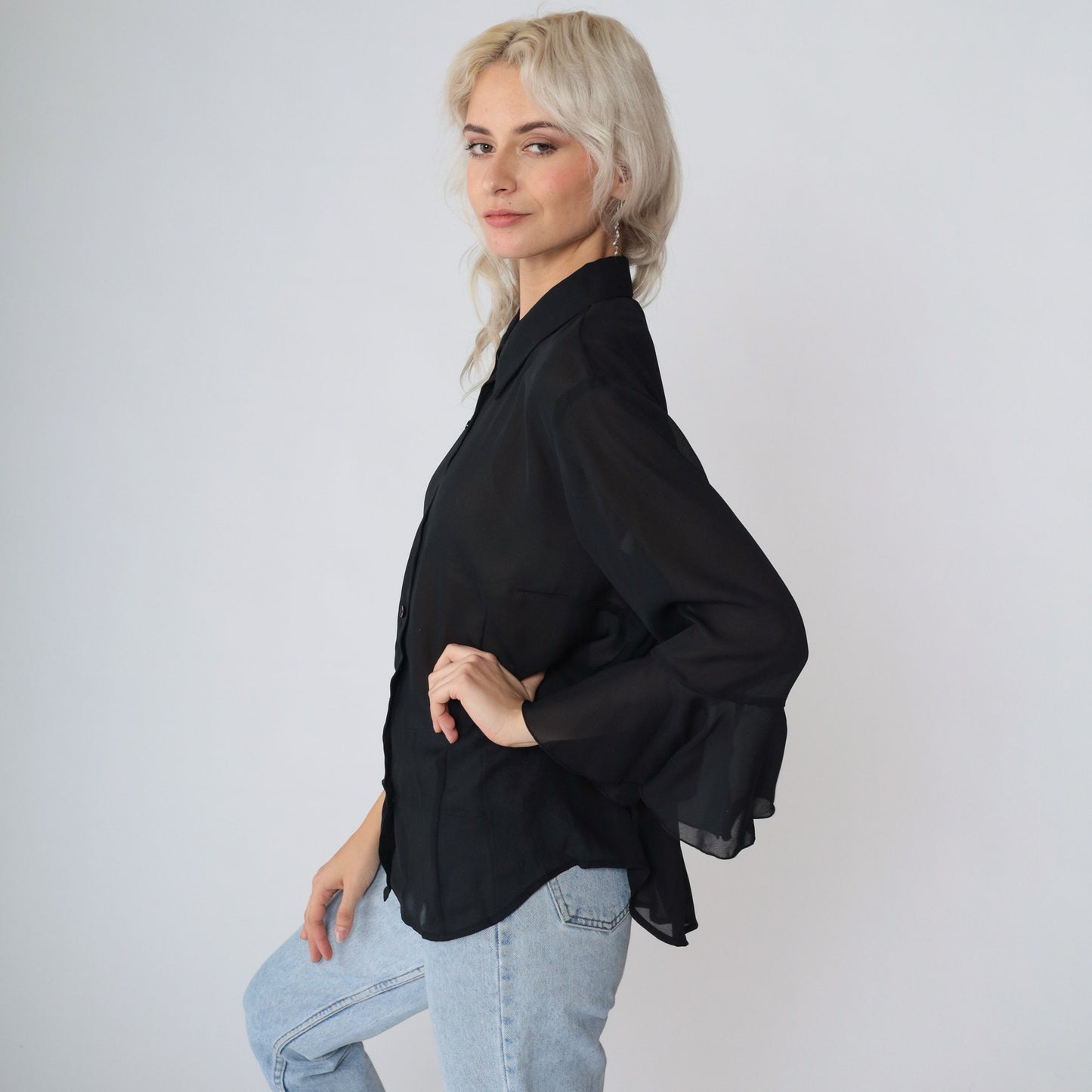 90s Black Sheer Button-Up Blouse Flounce Angel Bell Sleeve Large